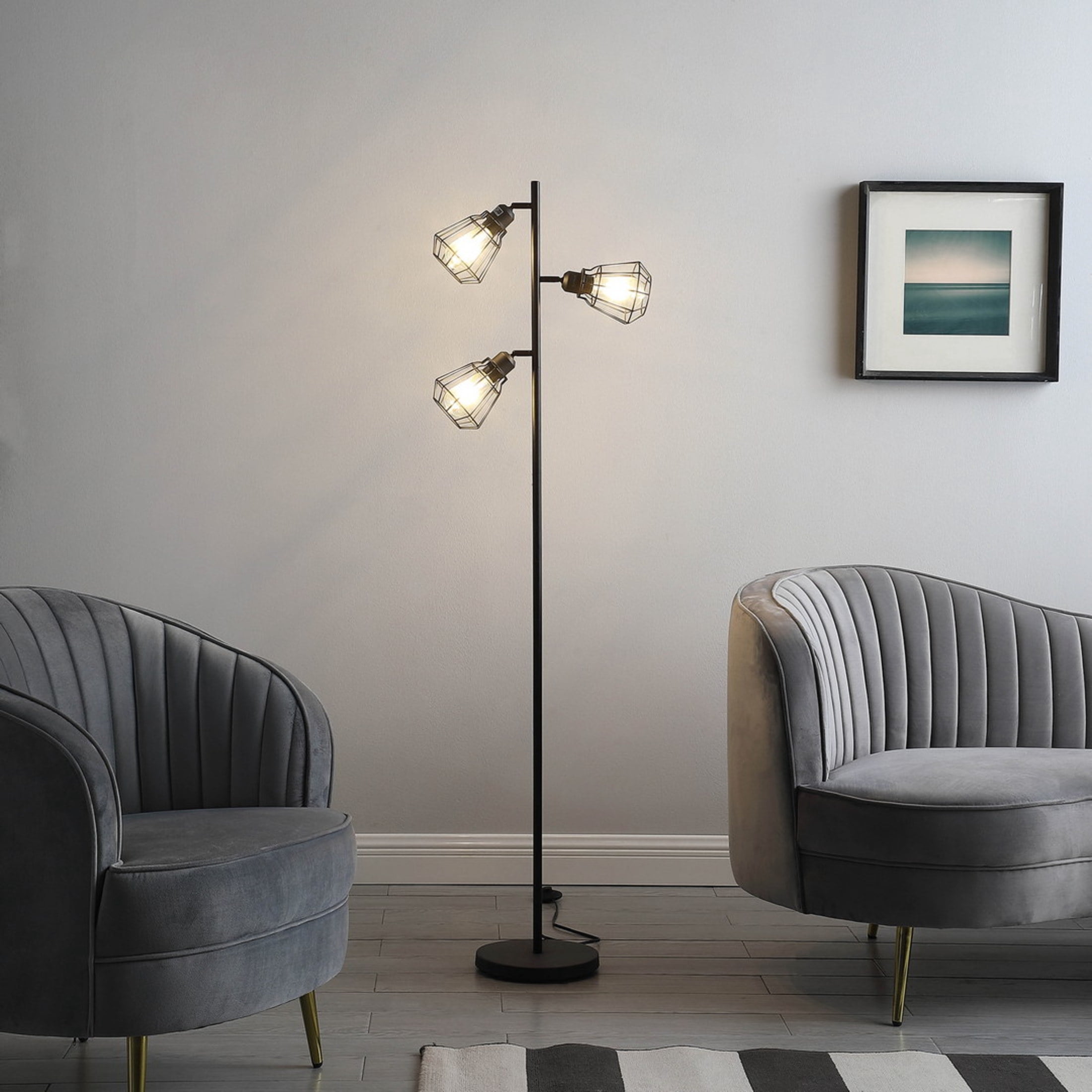 Noble House 65" Industrial Farmhouse Floor Lamp, Adjustable Cage Shades, for Bedroom, Living Room, Entryway, Matte Black