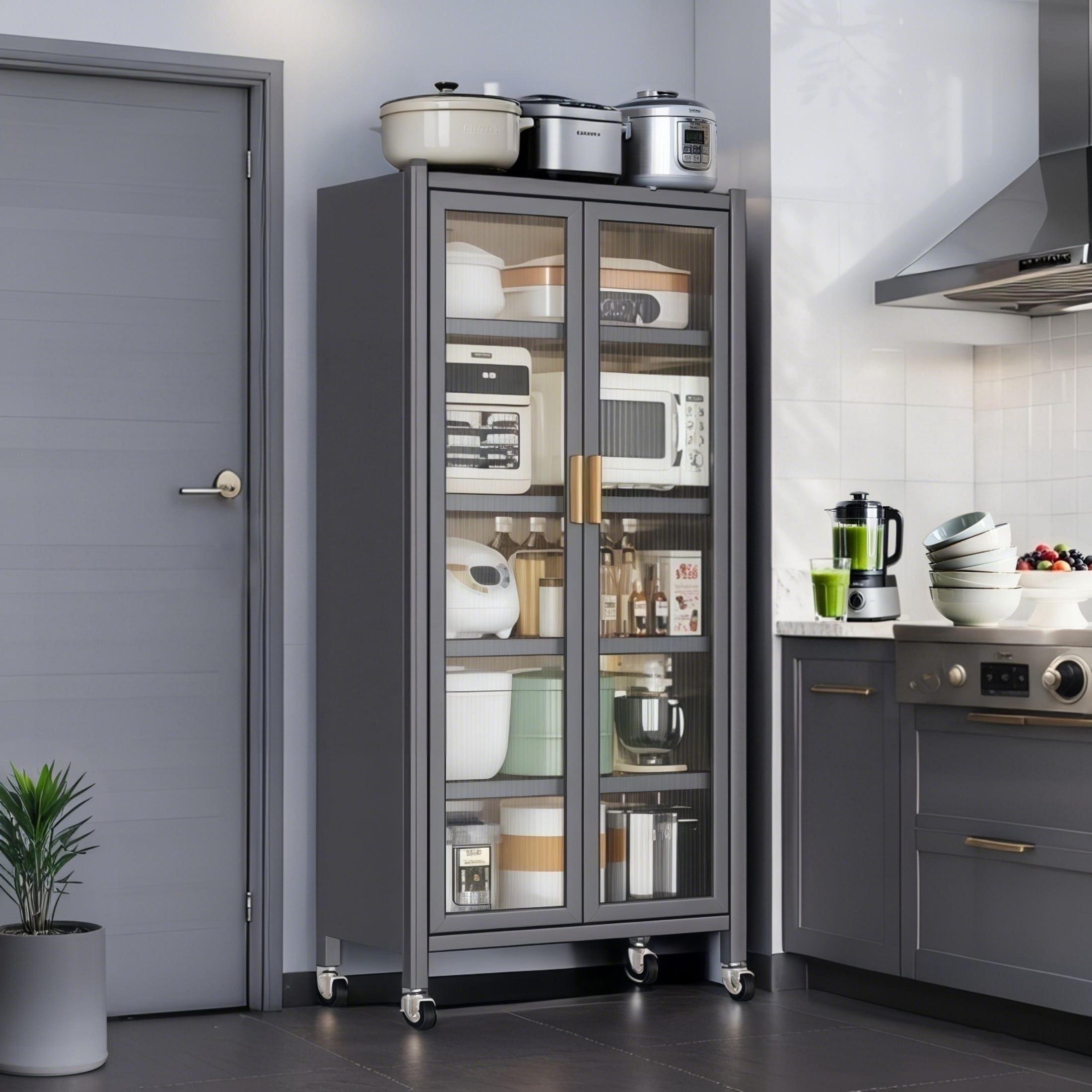 Noble House 65" Metal 6-Tier Pantry Storage Cabinet, Kitchen Organizer with Wheels and Transparent Doors, Gray