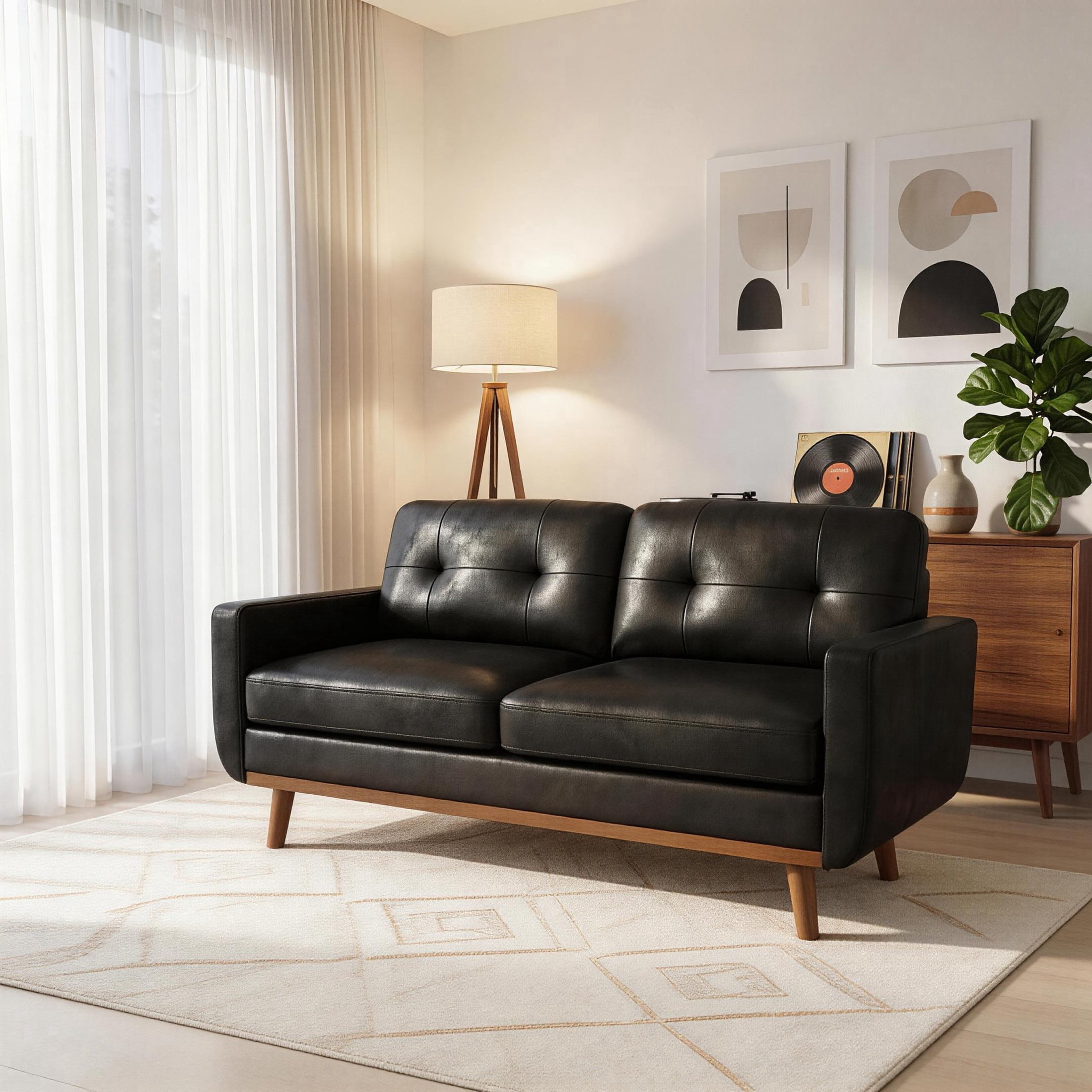 Noble House 65" Mid-Century Modern Loveseat Sofa, Breathable Foil Fabric Upholstery, Black
