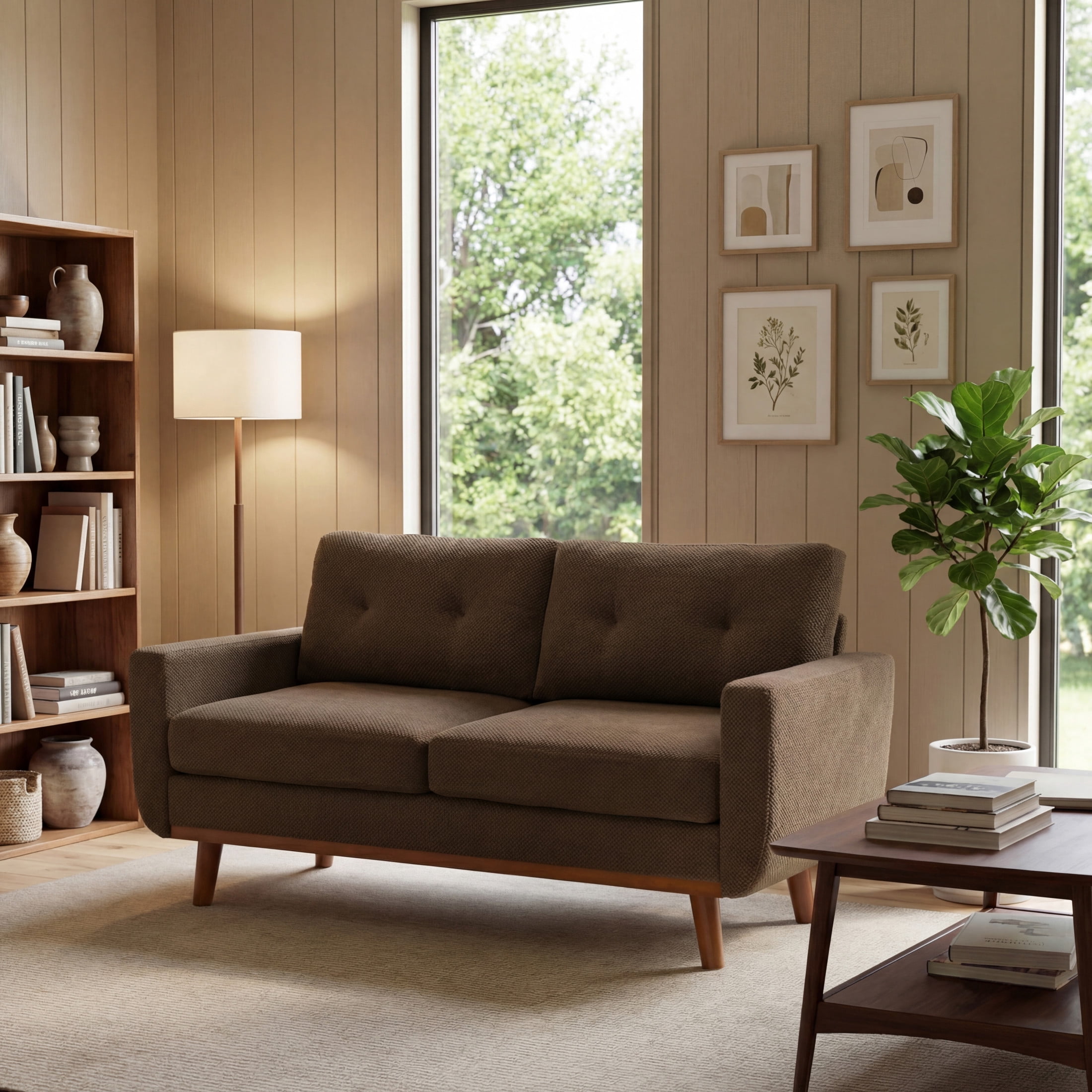 Noble House 65" Mid-Century Modern Loveseat Sofa, Nubby Upholstery, Solid Wood Legs, Coffee