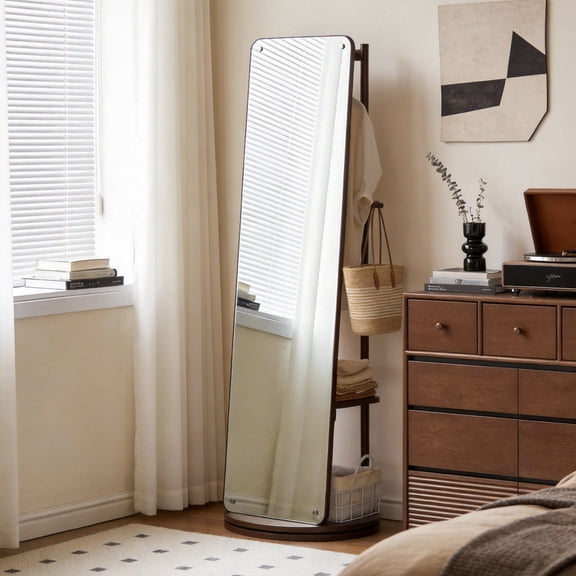 Noble House 66.53" Rotating Full Length Mirror with Clothes Rack, Solid Wood Floor Mirror, Walnut