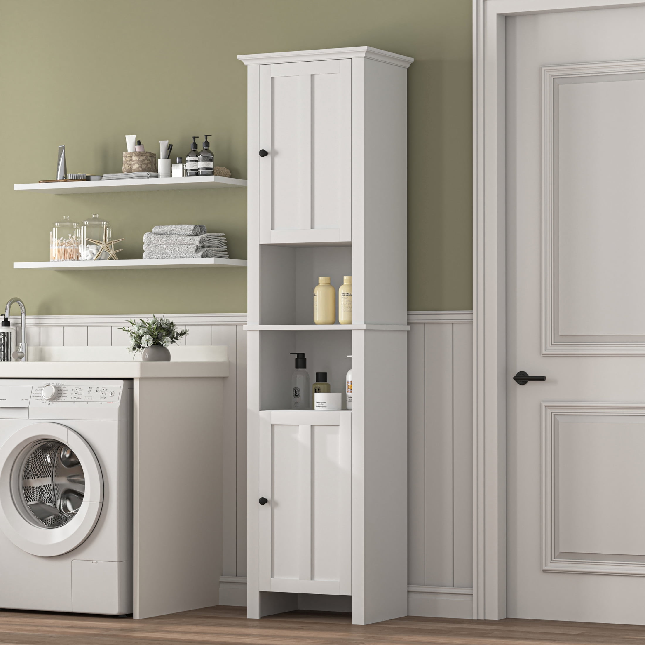 Noble House 66.93" Bathroom Floor Storage Cabinet with Adjustable Shelves, White