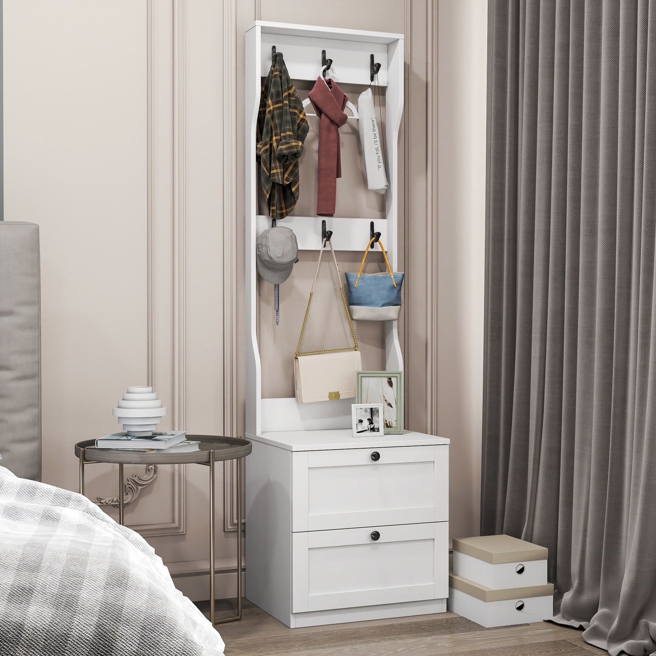 Noble House 67.3" 2-in-1 Coat Rack Nightstand, Drawer Storage & Hooks, Freestanding Wood Organizer, White