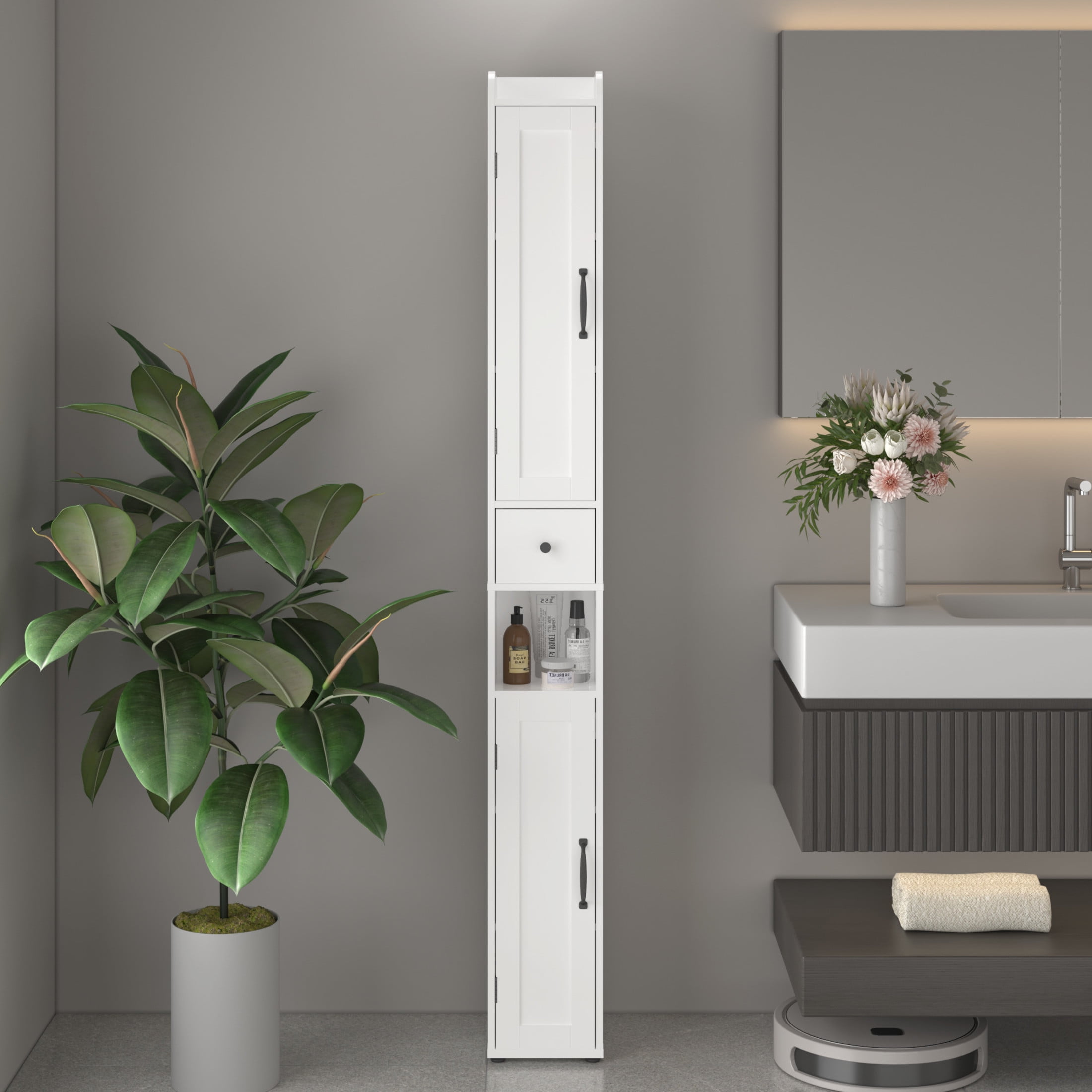 Noble House 67.5" Tall Slim Bathroom Storage Cabinet, 2-Door Freestanding Linen Tower with Adjustable Shelves, White