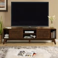 thumbnail image 1 of Noble House 67.9" Mid-Century Modern Rattan TV Stand, Media Console with Sliding Doors & Solid Wood Feet, Walnut, 1 of 8