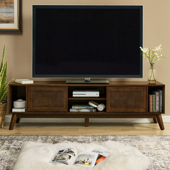 Noble House 67.9" Mid-Century Modern Rattan TV Stand, Media Console with Sliding Doors & Solid Wood Feet, Walnut