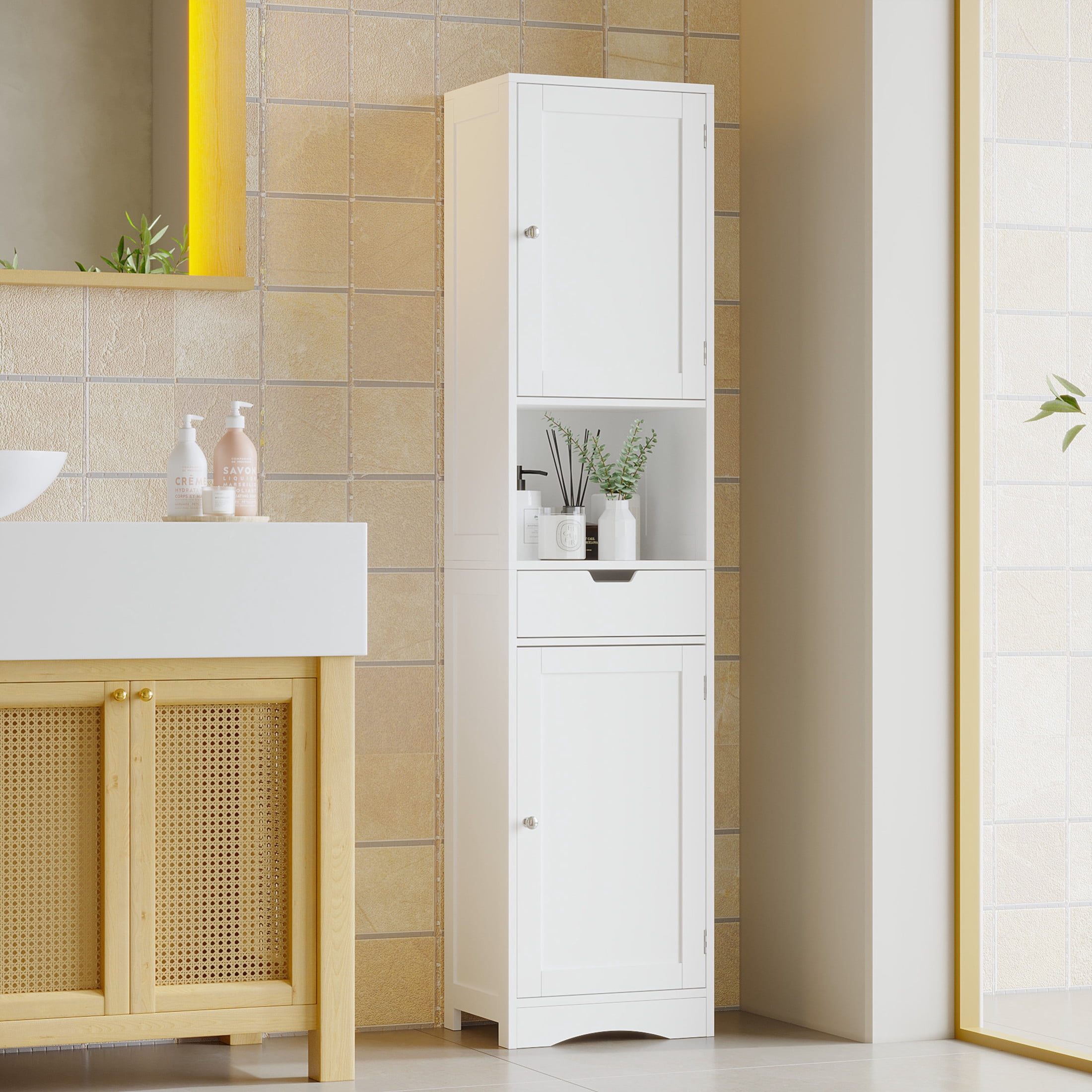 Noble House 67" Tall Bathroom Cabinet, Narrow Storage Tower with Doors and Hidden Drawer, Adjustable Shelves, White