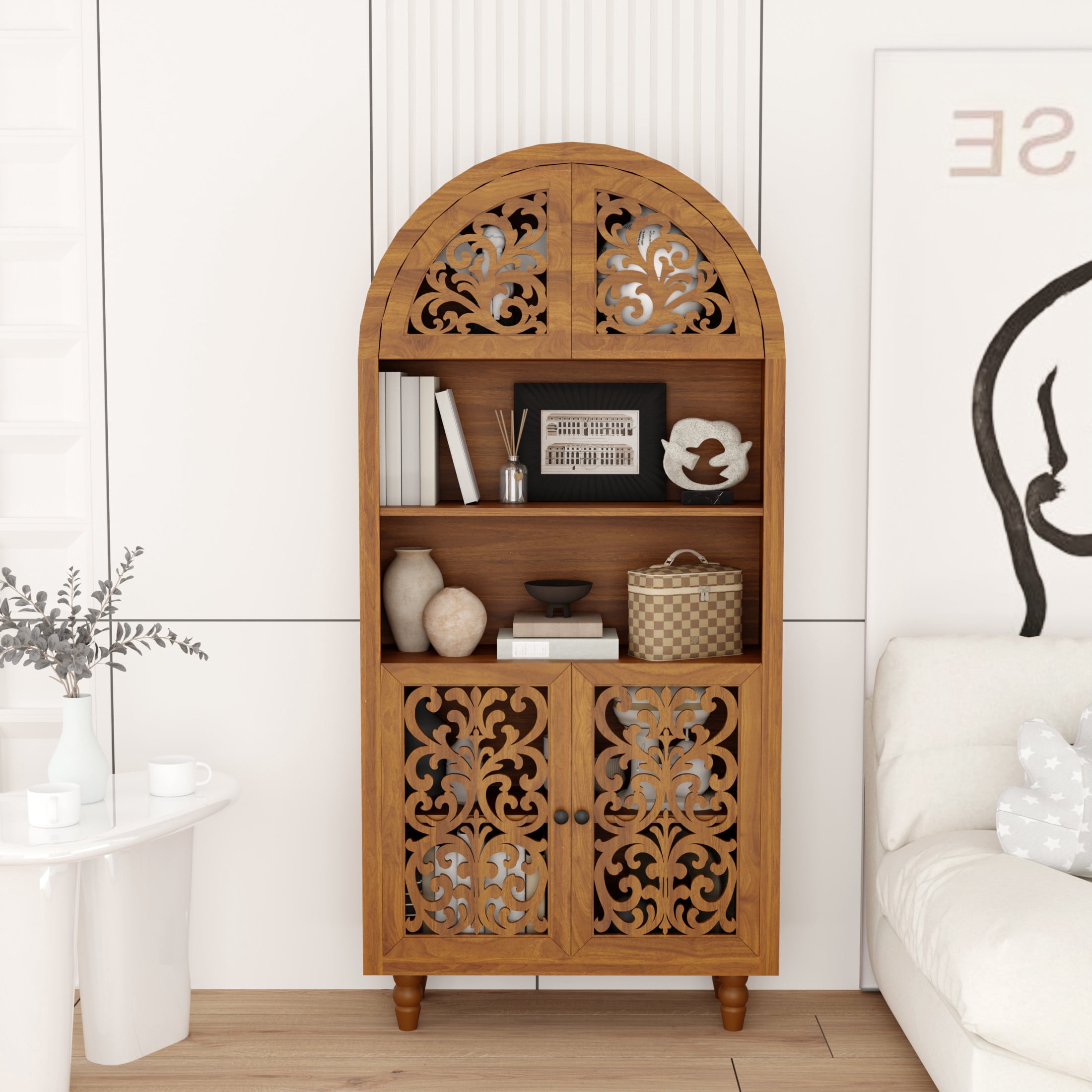 Noble House 67" Vintage Arched Storage Cabinet with Open Shelves, Carved Wood Bookcase, Walnut