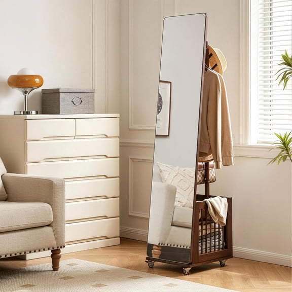 Noble House 68.11" Full Length Mirror, Solid Rubber Wood Rolling Coat Rack with Storage Basket, Walnut