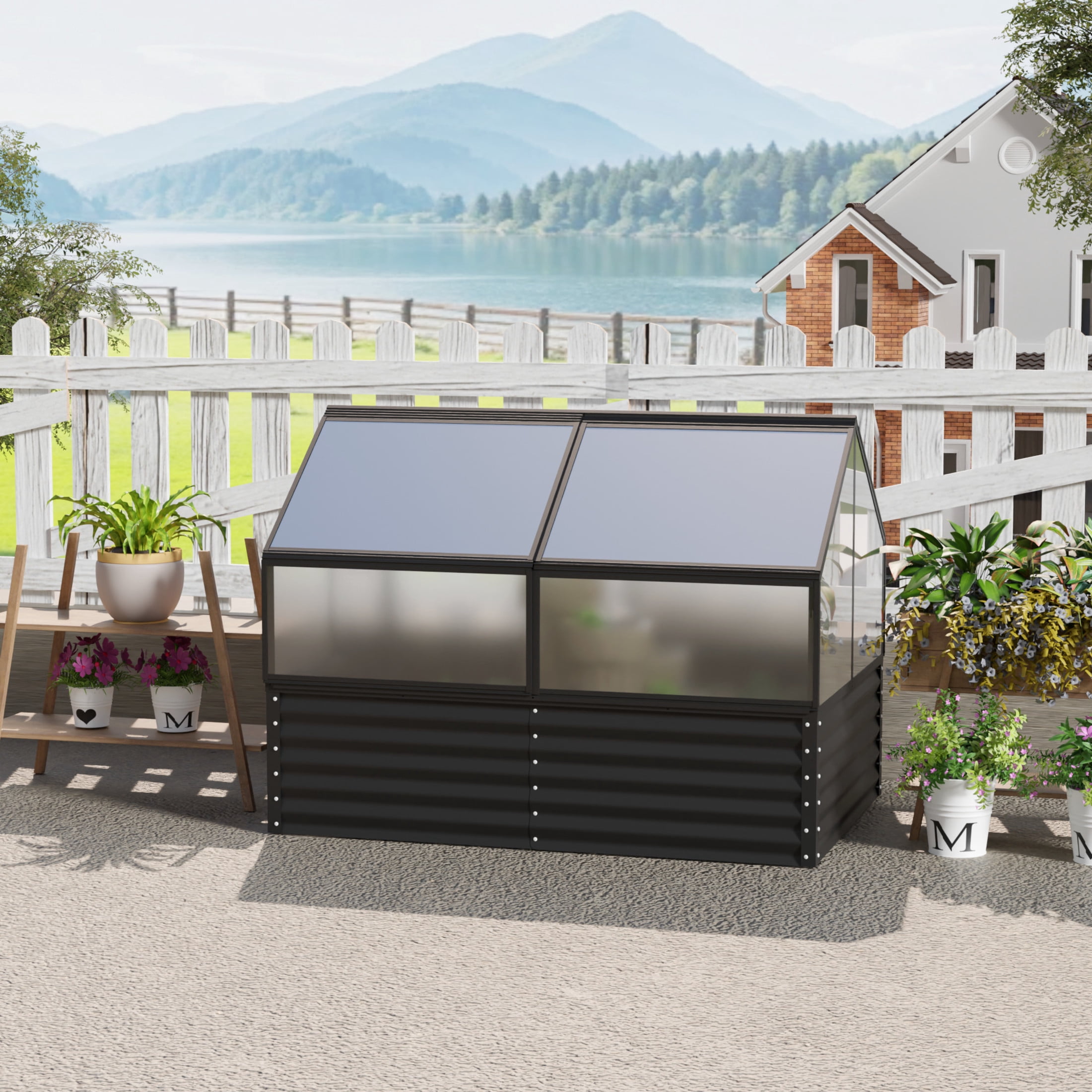 Noble House 68.7" Large Greenhouse and Raised Flower Bed, Polycarbonate Box for Outdoor Plant Vegetable, Black