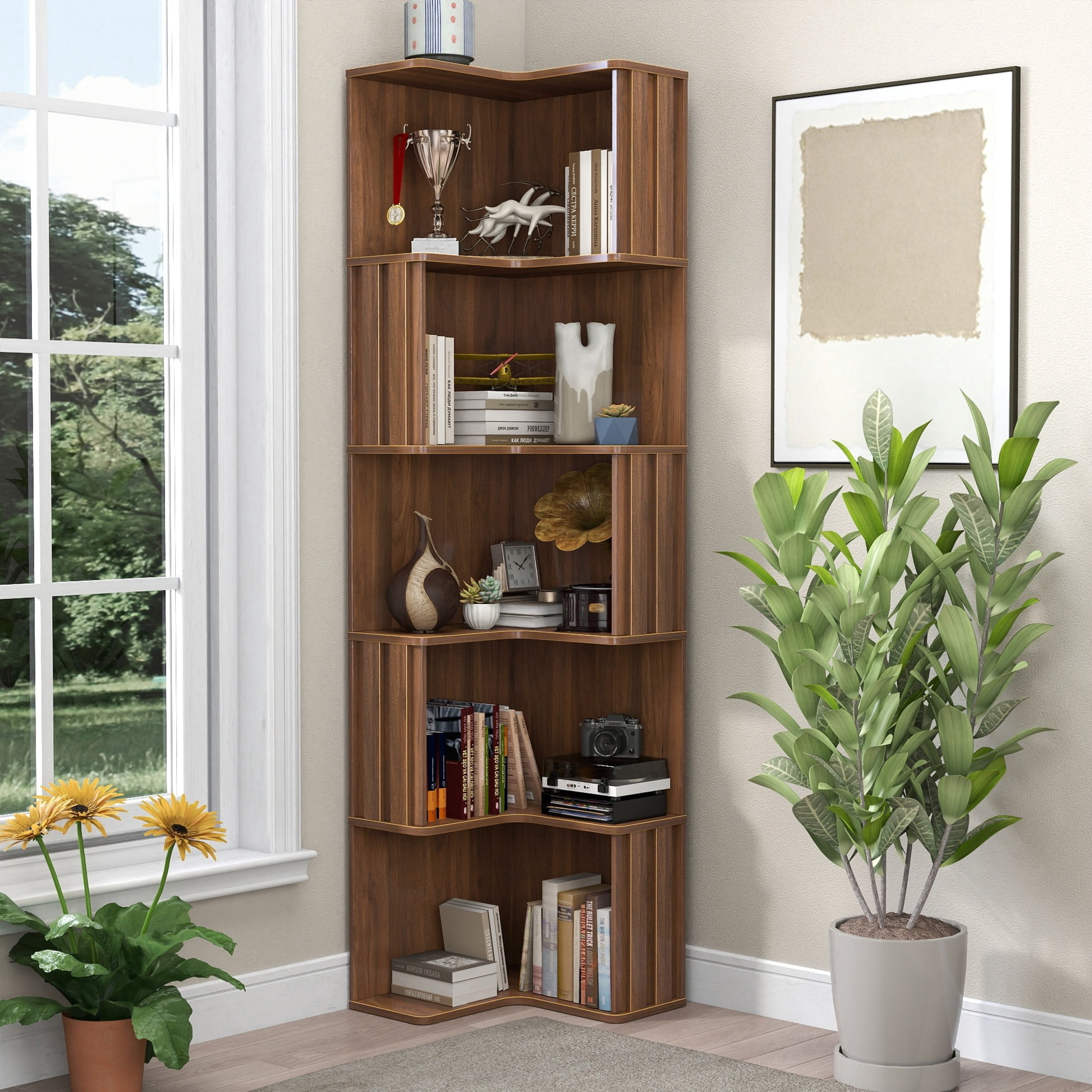 Noble House 68.9" 5-Tier Corner Bookcase, Freestanding L-Shaped Display Bookshelf for Home Office, Living Room, Walnut