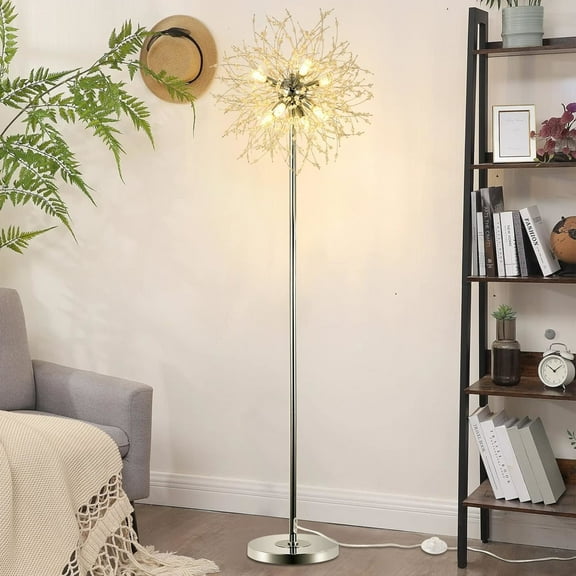 Noble House 69" Crystal Floor Lamp, Chrome 8-Light Sputnik Firework, G9 Dimmable, Modern Standing Lamp, Silver