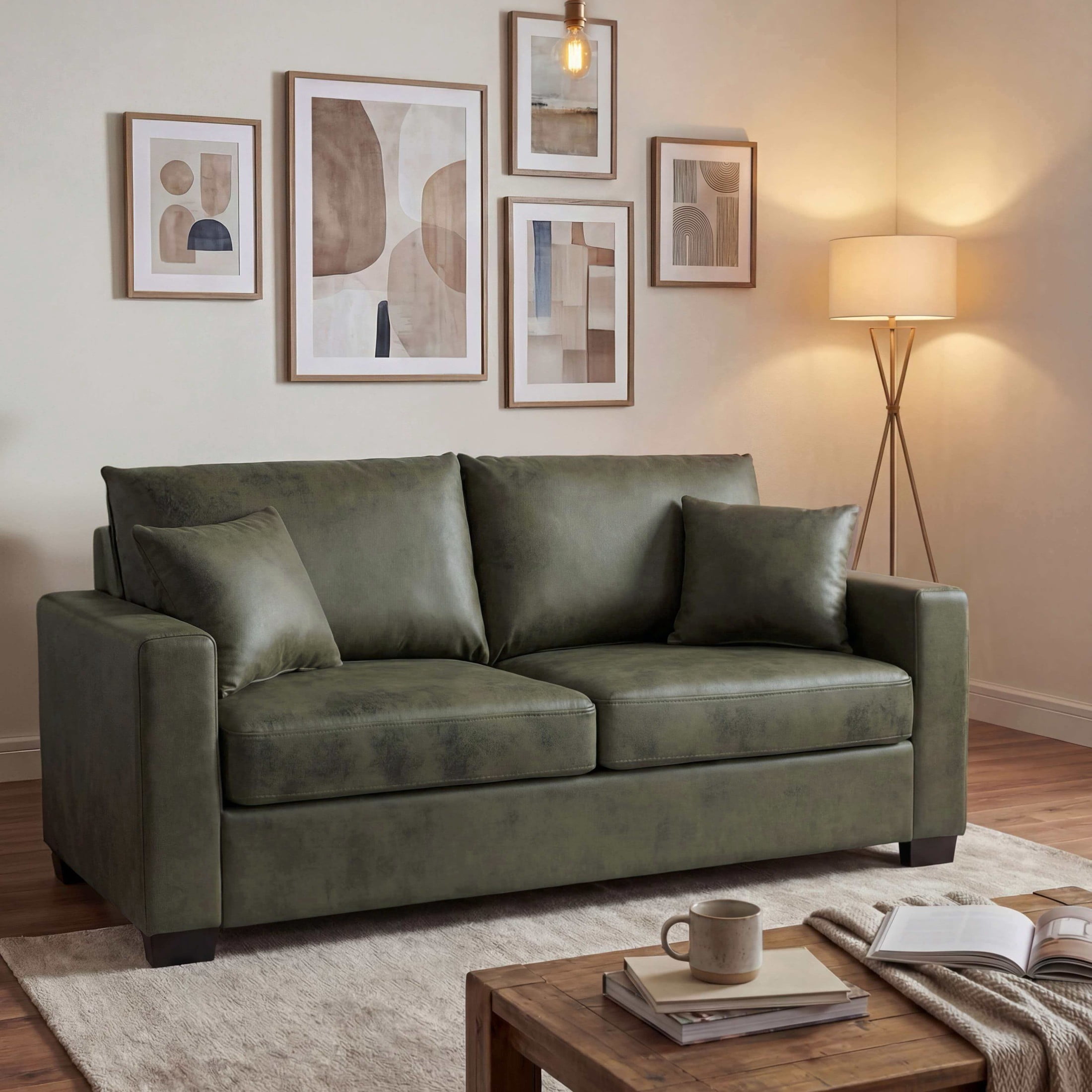 Noble House 69" Modern Loveseat, Foil Fabric Upholstered Sofa with 2 Throw Pillows, Olive Green