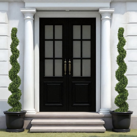 Noble House 6FT Artificial Spiral Topiary Trees, 2pcs Faux Boxwood Plants with Black Pot, Outdoor Patio Decor