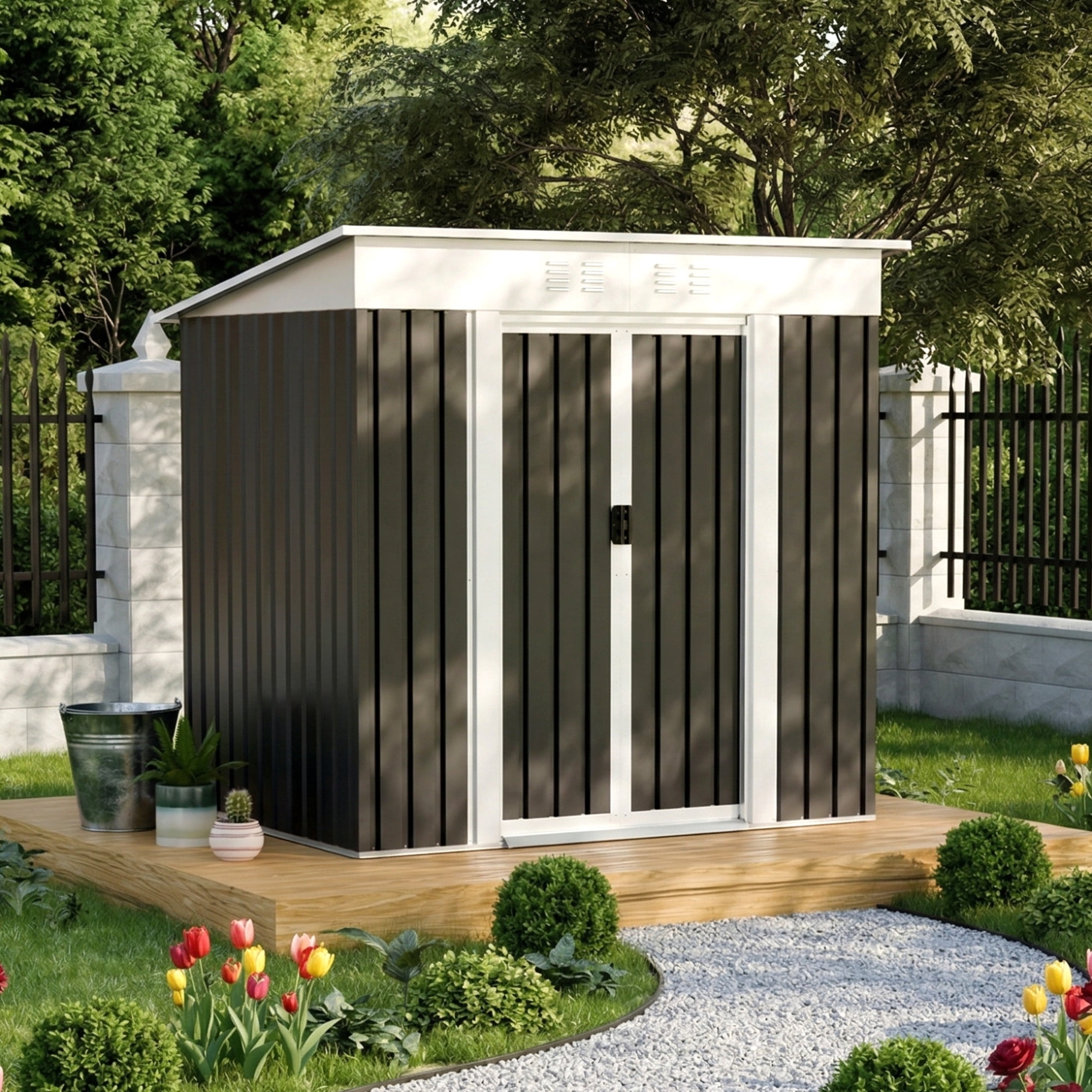 Noble House 6x4 FT Metal Garden Storage Shed, Sloped Roof Outdoor Tool & Bike Organizer House, Dark Grey