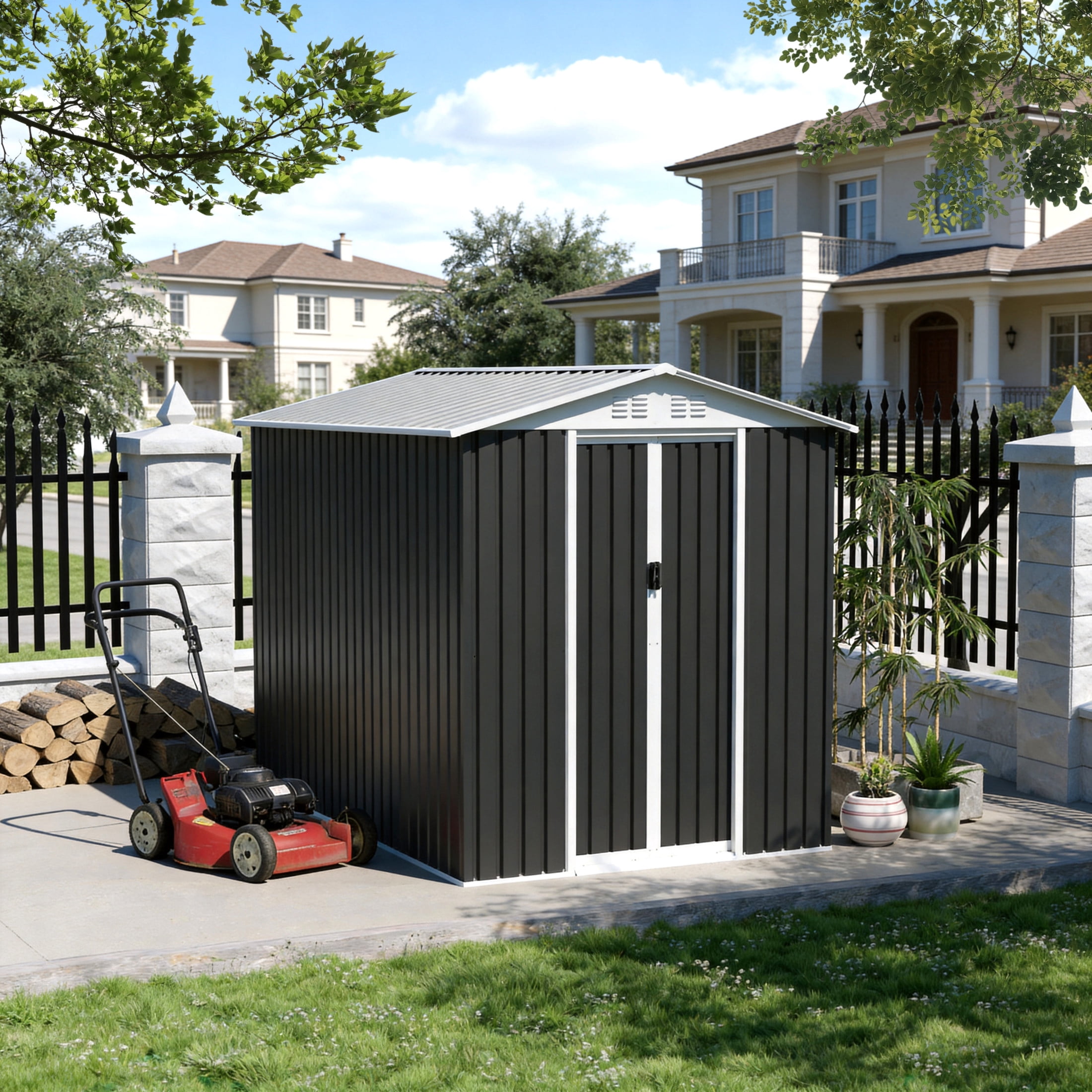 Noble House 6x9 FT Metal Garden Storage Shed, Apex Roof Outdoor Tool & Bike Shelter with Sliding Doors, Dark Grey