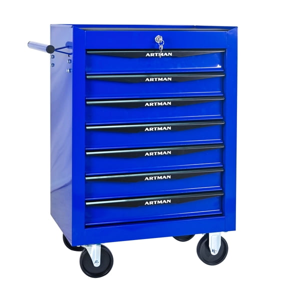 Noble House 7-Drawer Mobile Steel Tool Organizer with Key Lock, Ball Bearing Slide Storage Cabinet Box, Blue
