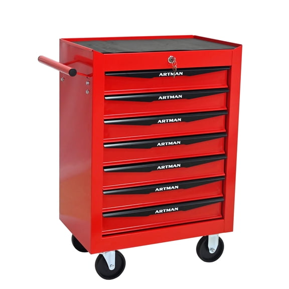 Noble House 7-Drawer Mobile Steel Tool Organizer with Key Lock, Ball Bearing Slide Storage Cabinet Box, Red