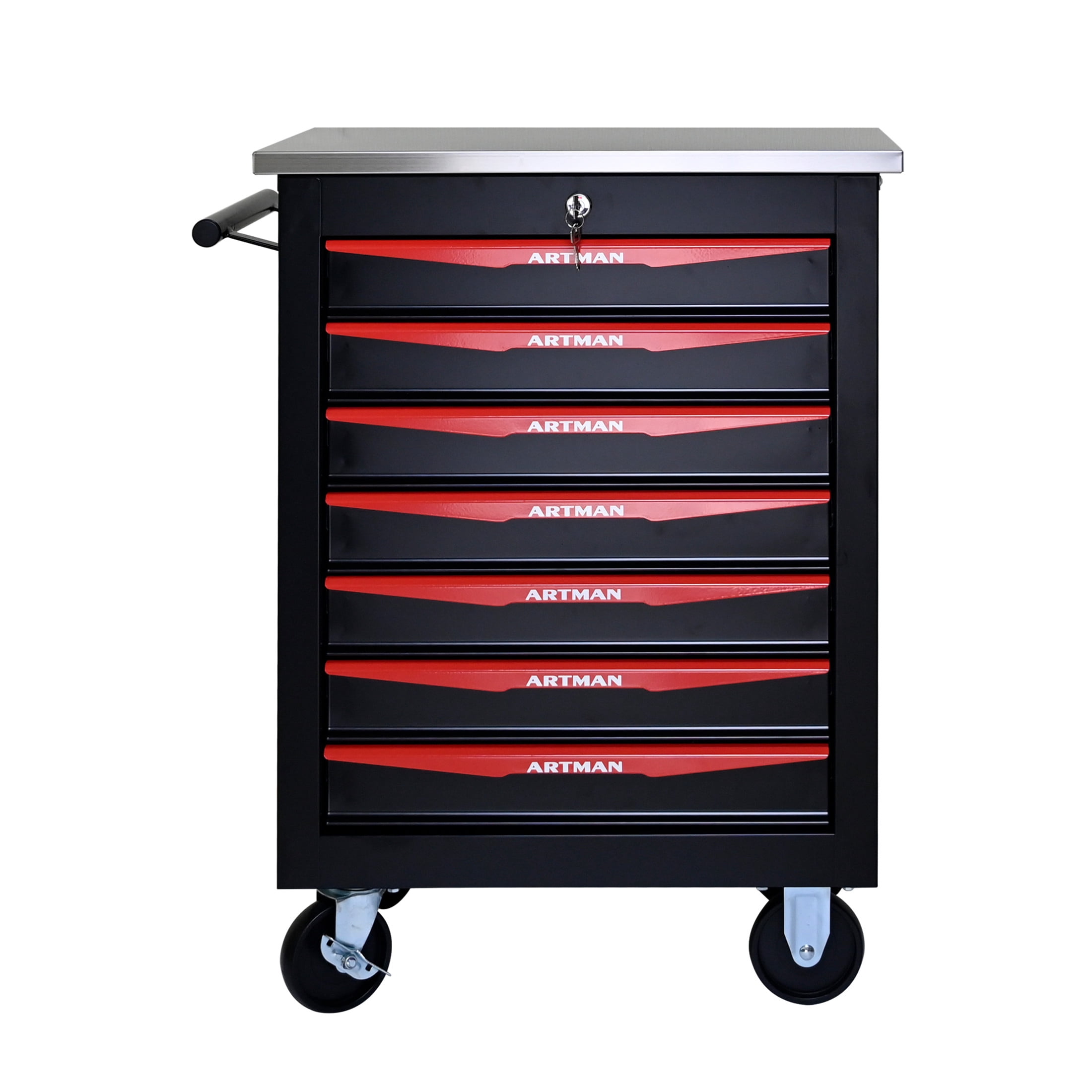 Noble House 7-Drawer Rolling Tool Organizer Cart, Steel Mobile Chest Storage with Worktop for Garage Workshop, Black