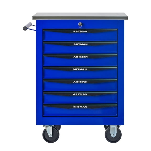 Noble House 7-Drawer Rolling Tool Organizer Cart, Steel Mobile Chest Storage with Worktop for Garage Workshop, Blue