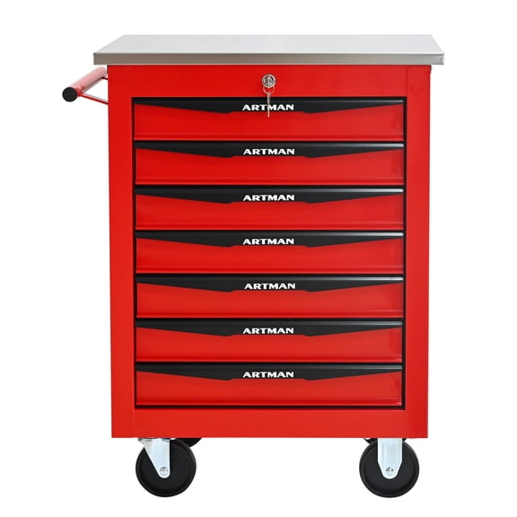 Noble House 7-Drawer Rolling Tool Organizer Cart, Steel Mobile Chest Storage with Worktop for Garage Workshop, Red