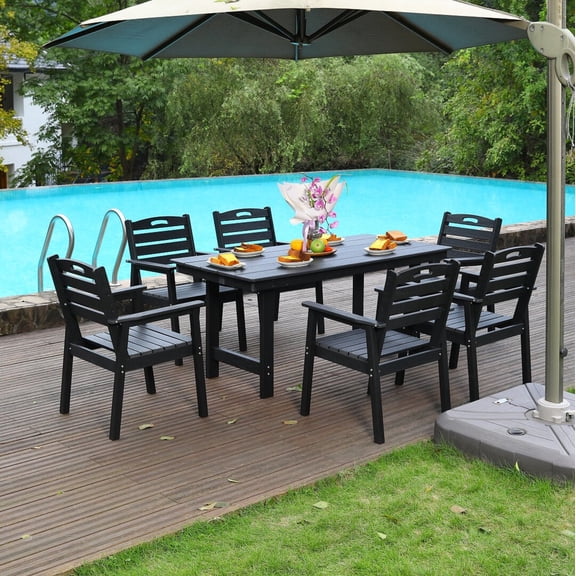Noble House 7-Piece Outdoor Patio Dining Set, Rectangular Table with Sunshade Holes and 6 Armchair Set, Black