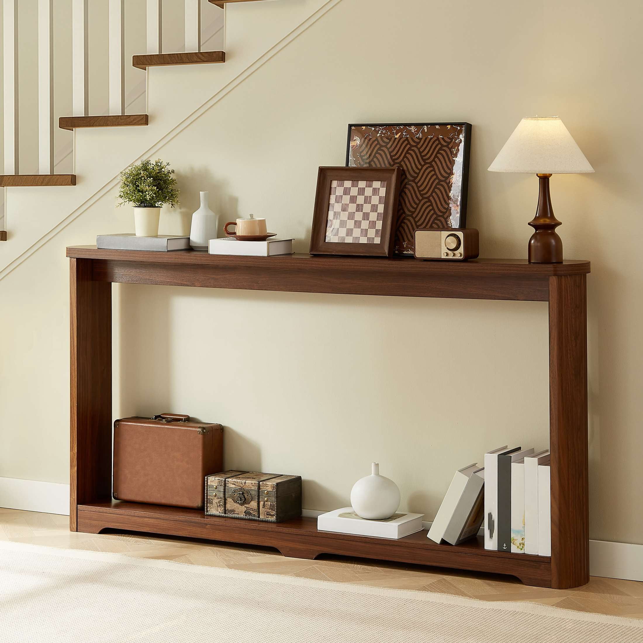Noble House 70.1" Narrow Console Table, Modern Wave Texture Entryway & Sofa Table with Storage Shelf, Walnut