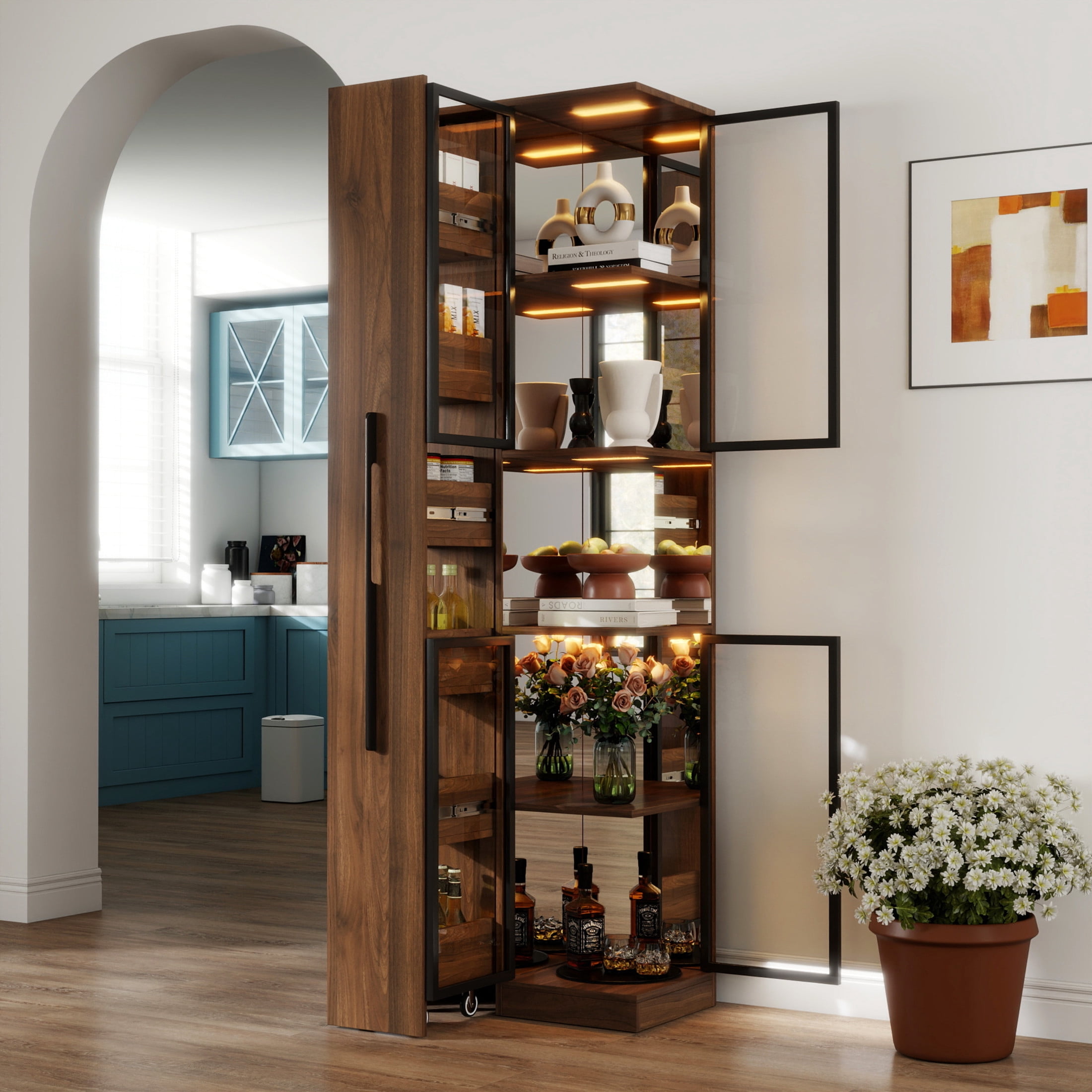 Noble House 70.28" Glass Display Cabinet with LED, 5-Tier Shelves & Pull-Out Organizer, Mid-Century Bookcase, Walnut