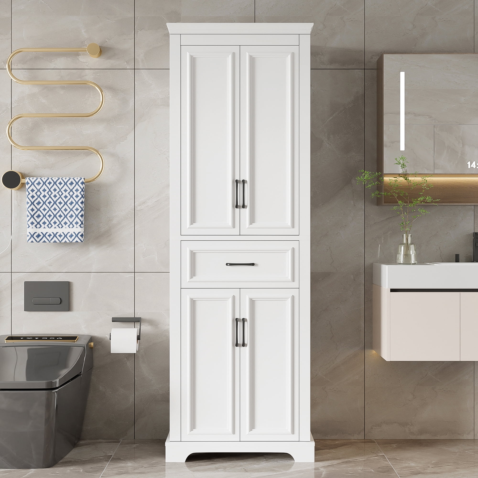 Noble House 70.8"H Freestanding Cabinet, 4 Doors 1 Drawer Space-Saving Storage with Adjustable Shelves, White