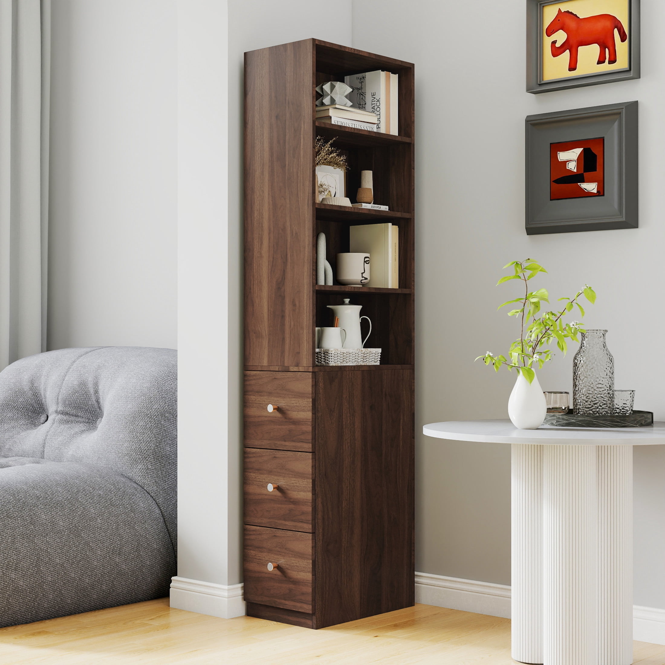 Noble House 70.87" Bookshelf Cabinet, with Shelves and Drawers, Modern Storage for Living Room or Home Office, Walnut