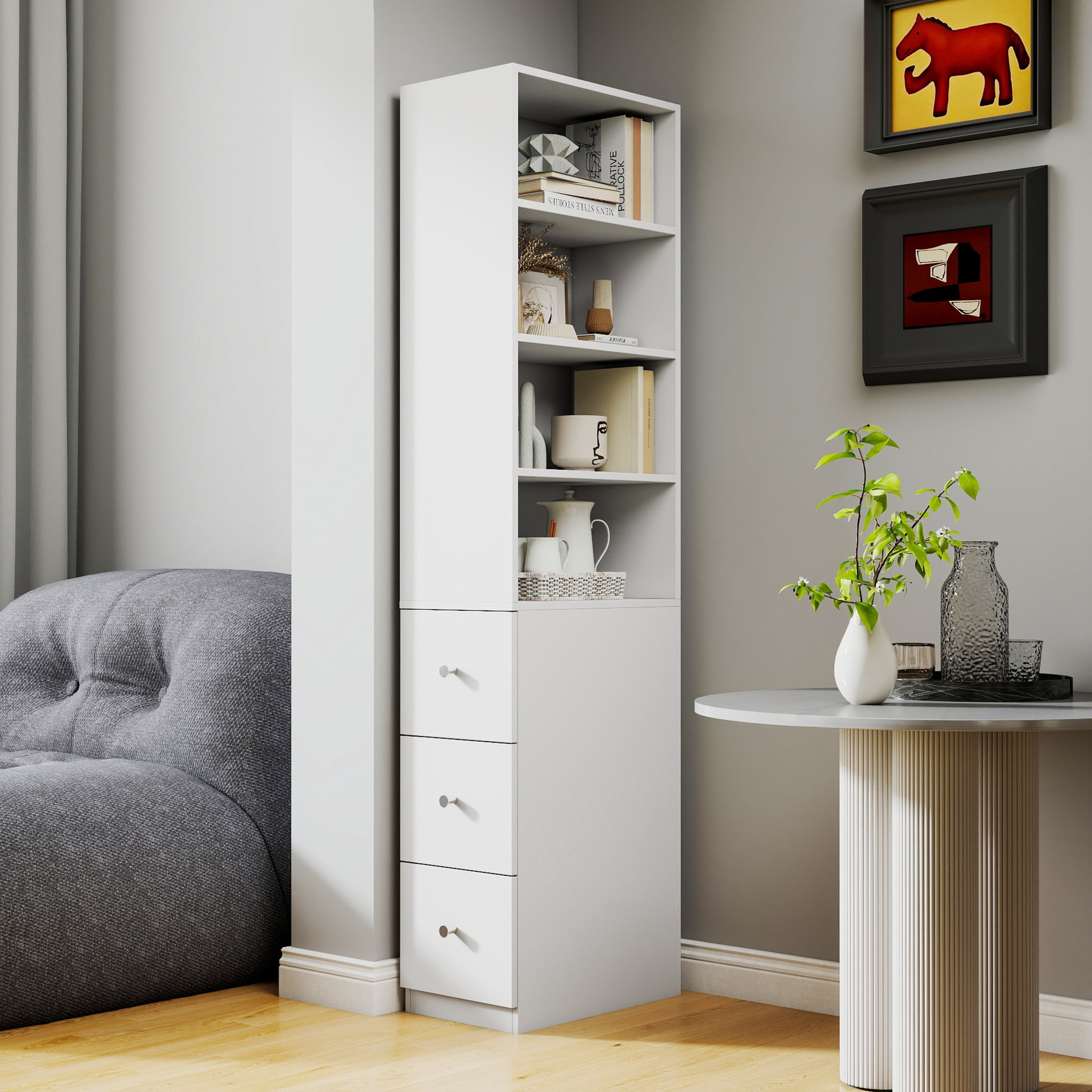 Noble House 70.87" Bookshelf Cabinet, with Shelves and Drawers, Modern Storage for Living Room or Home Office, White