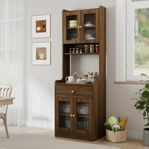 Noble House 70.87" Kitchen Pantry Hutch, Farmhouse Buffet Coffee Bar with Microwave Stand, Cabinets & Drawer, Walnut
