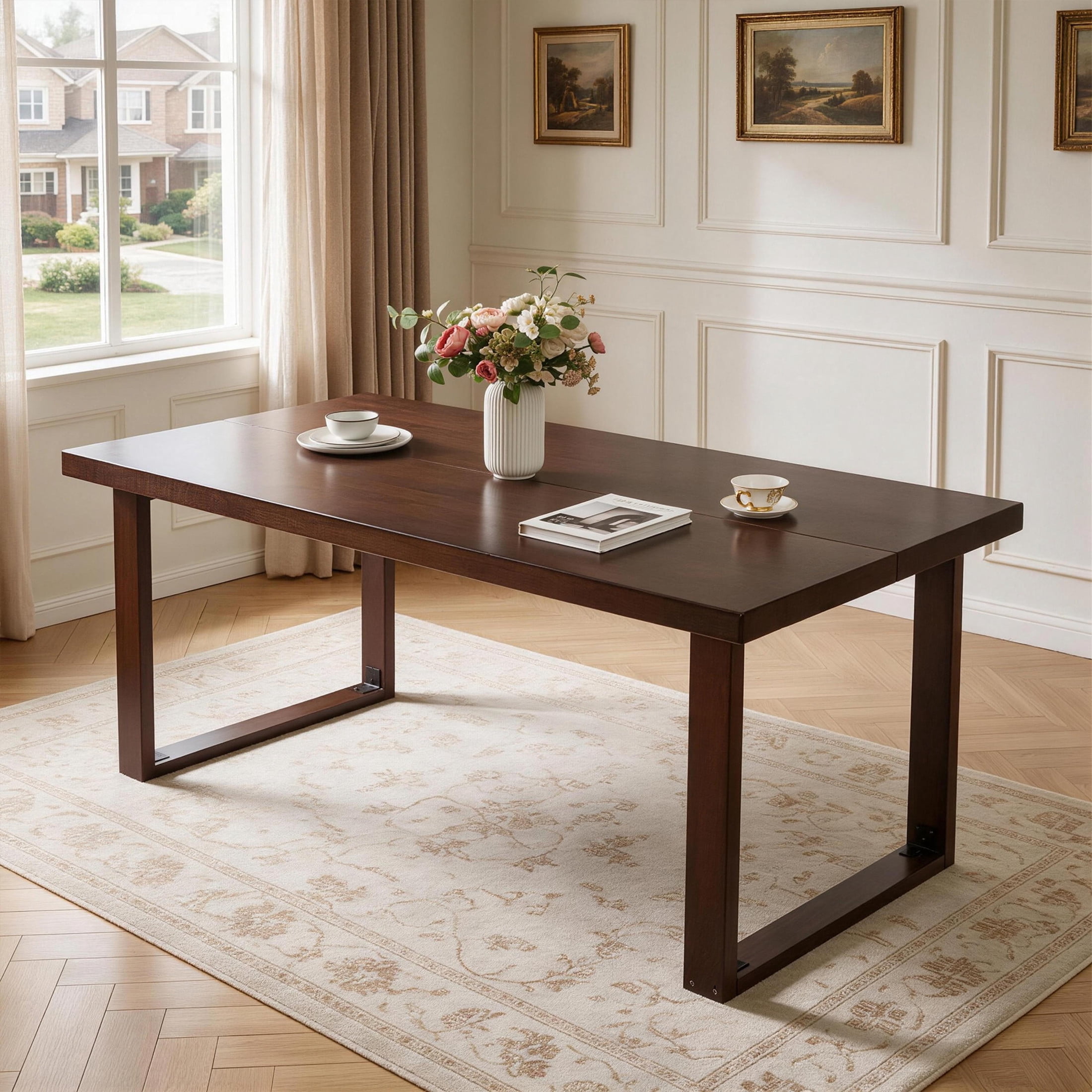 Noble House 70.87" Mid-Century Modern Solid Wood Dining Table, Rectangular Kitchen Table, Dark Walnut