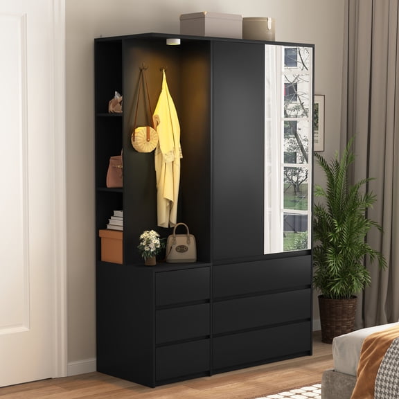 Noble House 71.7" Wardrobe Closet with 2 Doors, 6 Drawers and Hanging Rail, Black
