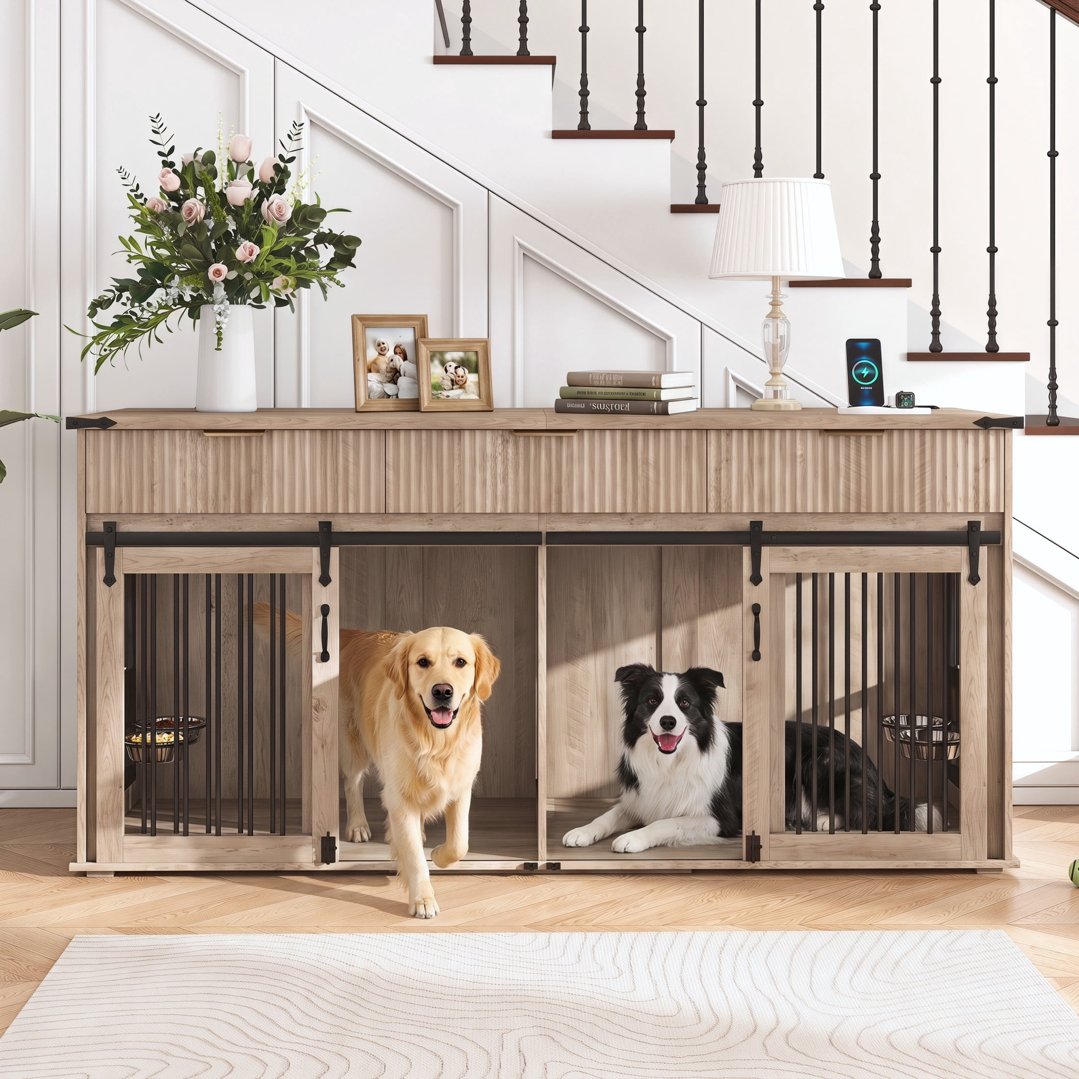 Noble House 71" Double Dog Crate Furniture with Fluted Drawers, Large Kennel with Charging Station, Plaid Grey Oak