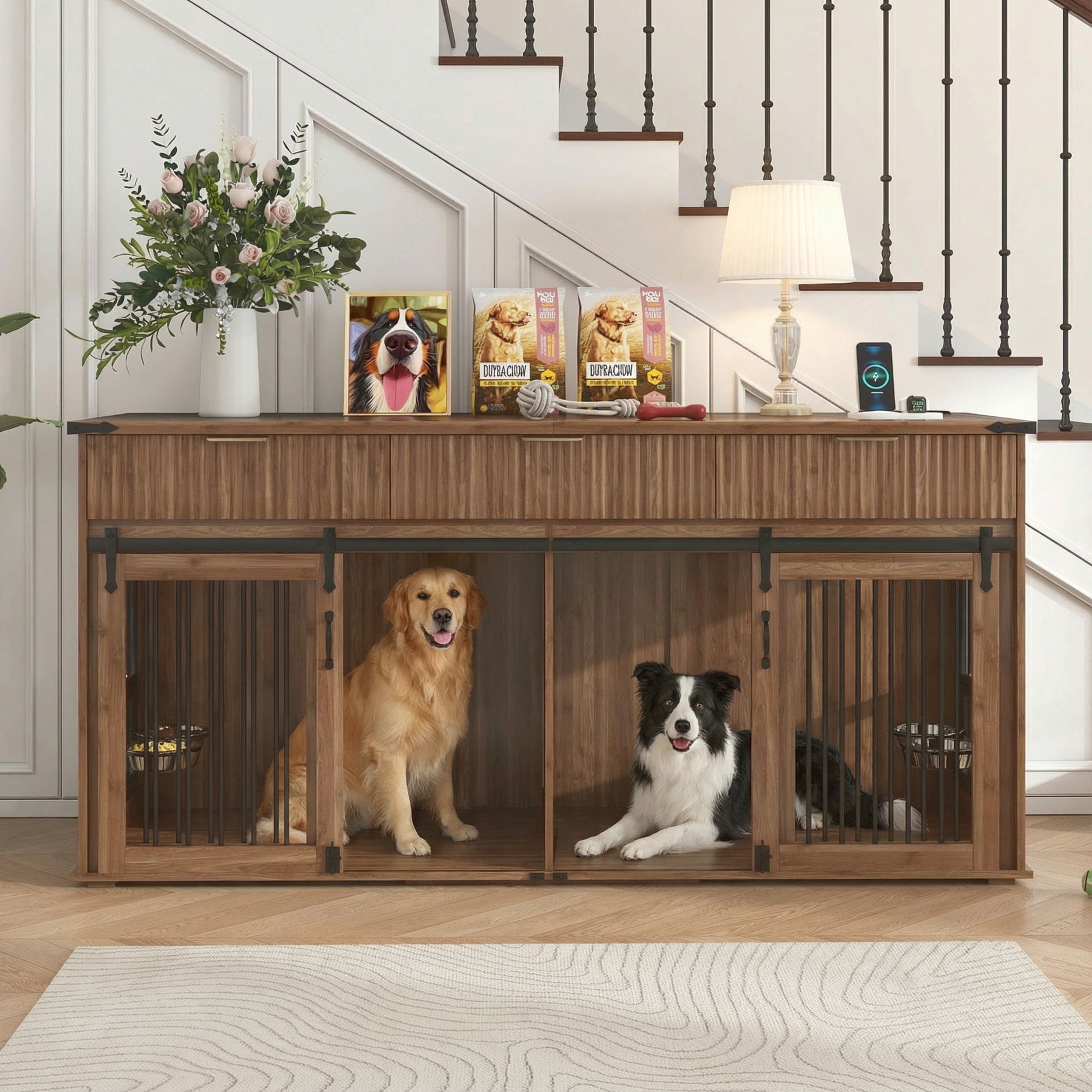Noble House 71" Double Dog Crate Furniture with Fluted Drawers, Large Kennel with Charging Station, Walnut