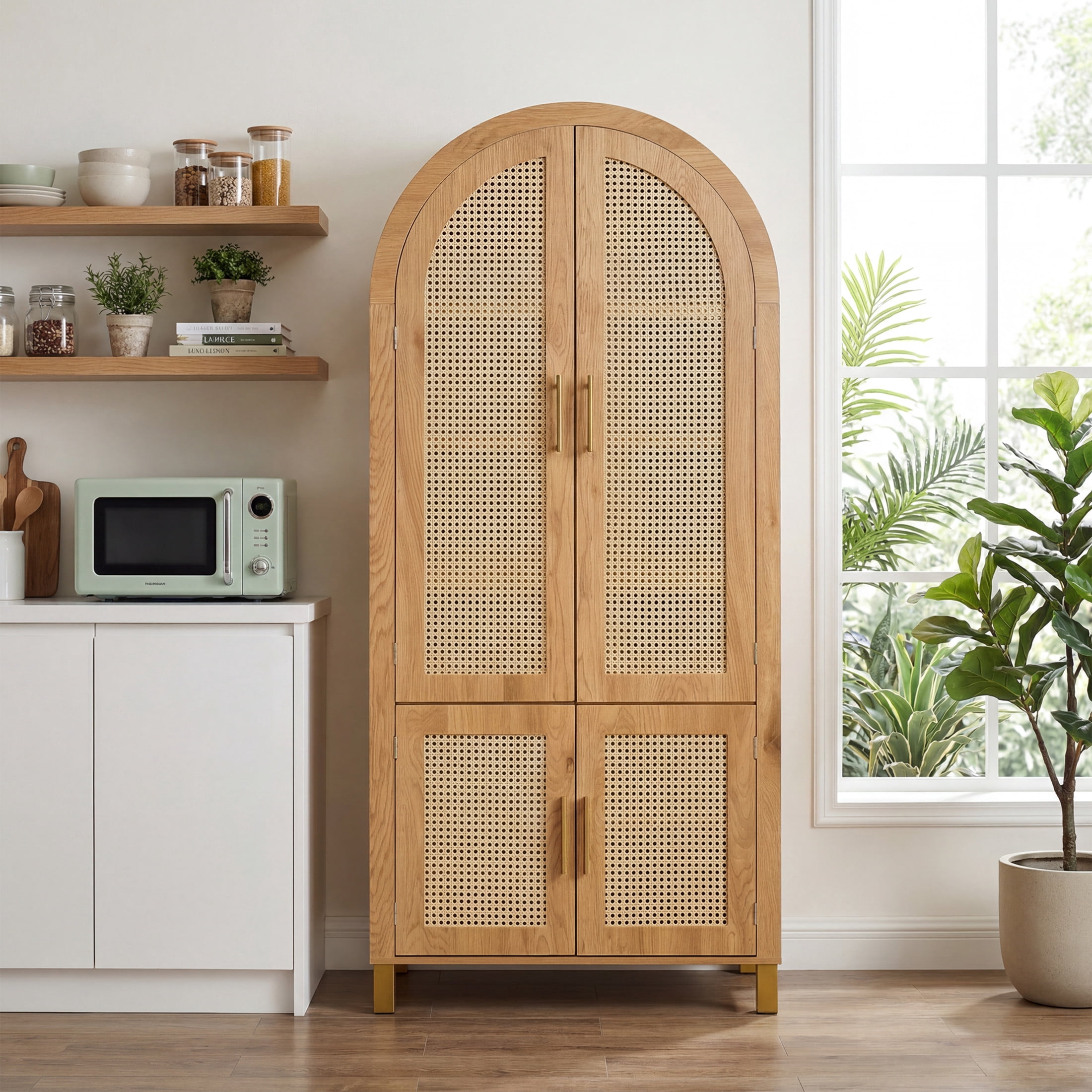 Noble House 71" Farmhouse Arched Storage Cabinet with Rattan Doors, Adjustable Shelves, Oak