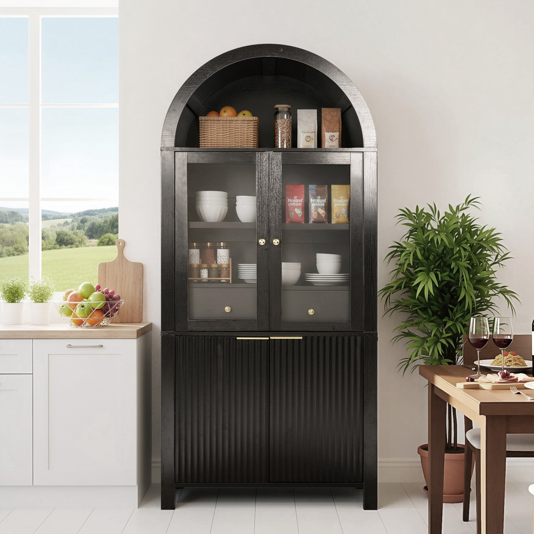 Noble House 71" Fluted Arched Pantry Cabinet with Adjustable Shelves, Hidden Drawer and Built-In Racks, Black