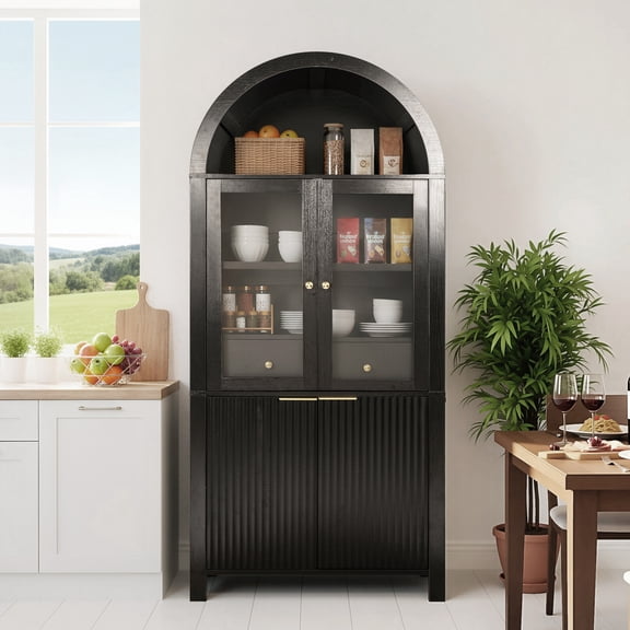 Noble House 71" Fluted Arched Pantry Cabinet with Adjustable Shelves, Hidden Drawer and Built-In Racks, Black