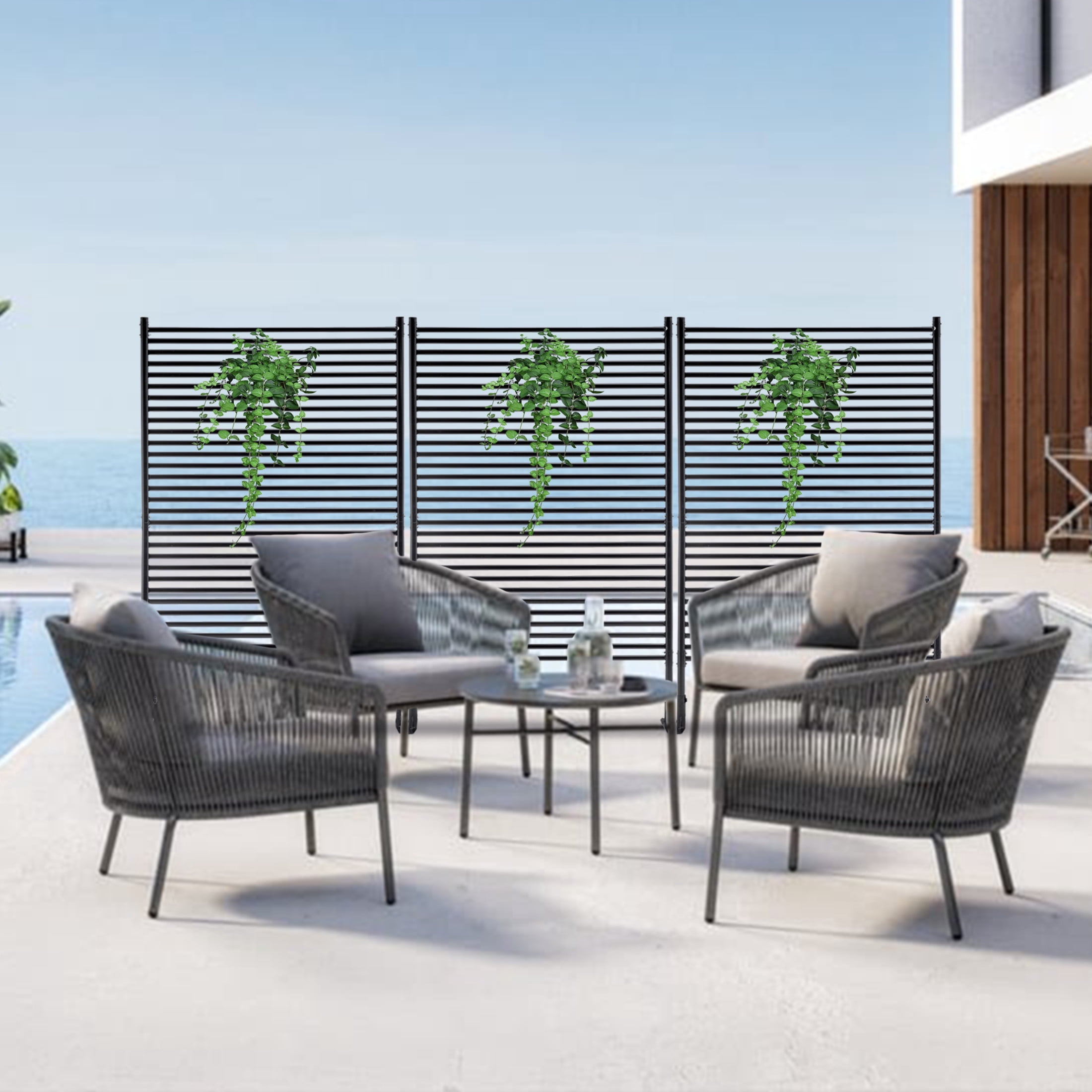 Noble House 71" Outdoor Freestanding Metal Privacy Screen, Durable Slatted Steel Fence Panel with Stand, Black