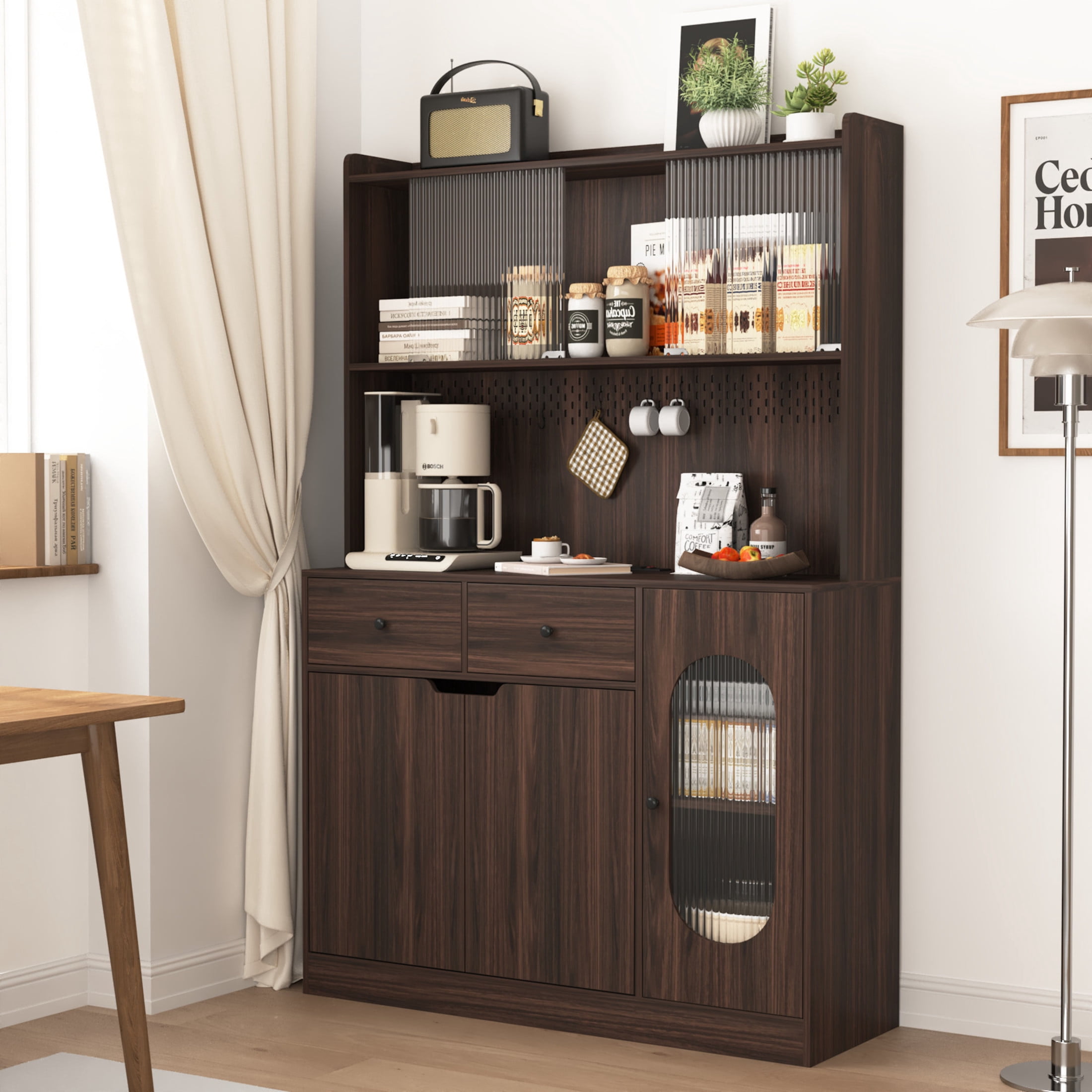 Noble House 71" Tall Kitchen Pantry Storage Cabinet with Microwave Stand, Reeded Glass Doors, Walnut