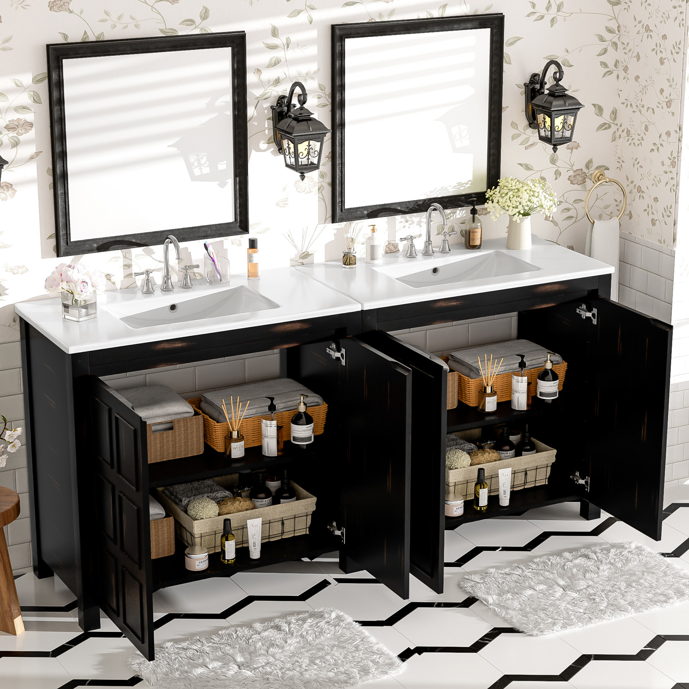 Noble House 72" Retro Dual Bathroom Vanity Set of 2, Ceramic Sinks, Soft-Close Doors & Adjustable Shelf, Espresso