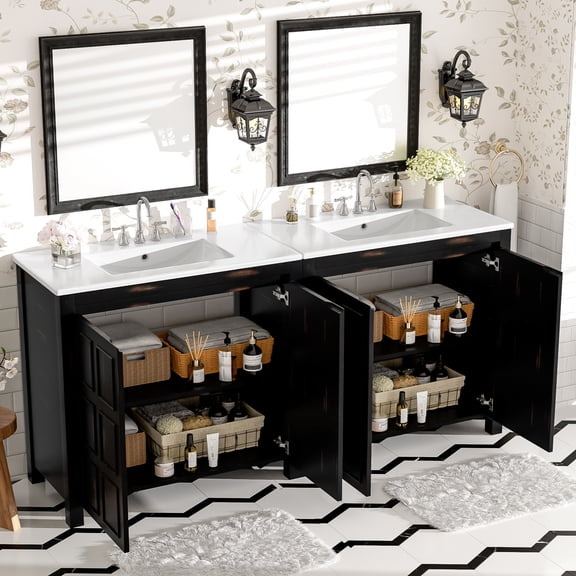Noble House 72" Retro Dual Bathroom Vanity Set of 2, Ceramic Sinks, Soft-Close Doors & Adjustable Shelf, Espresso