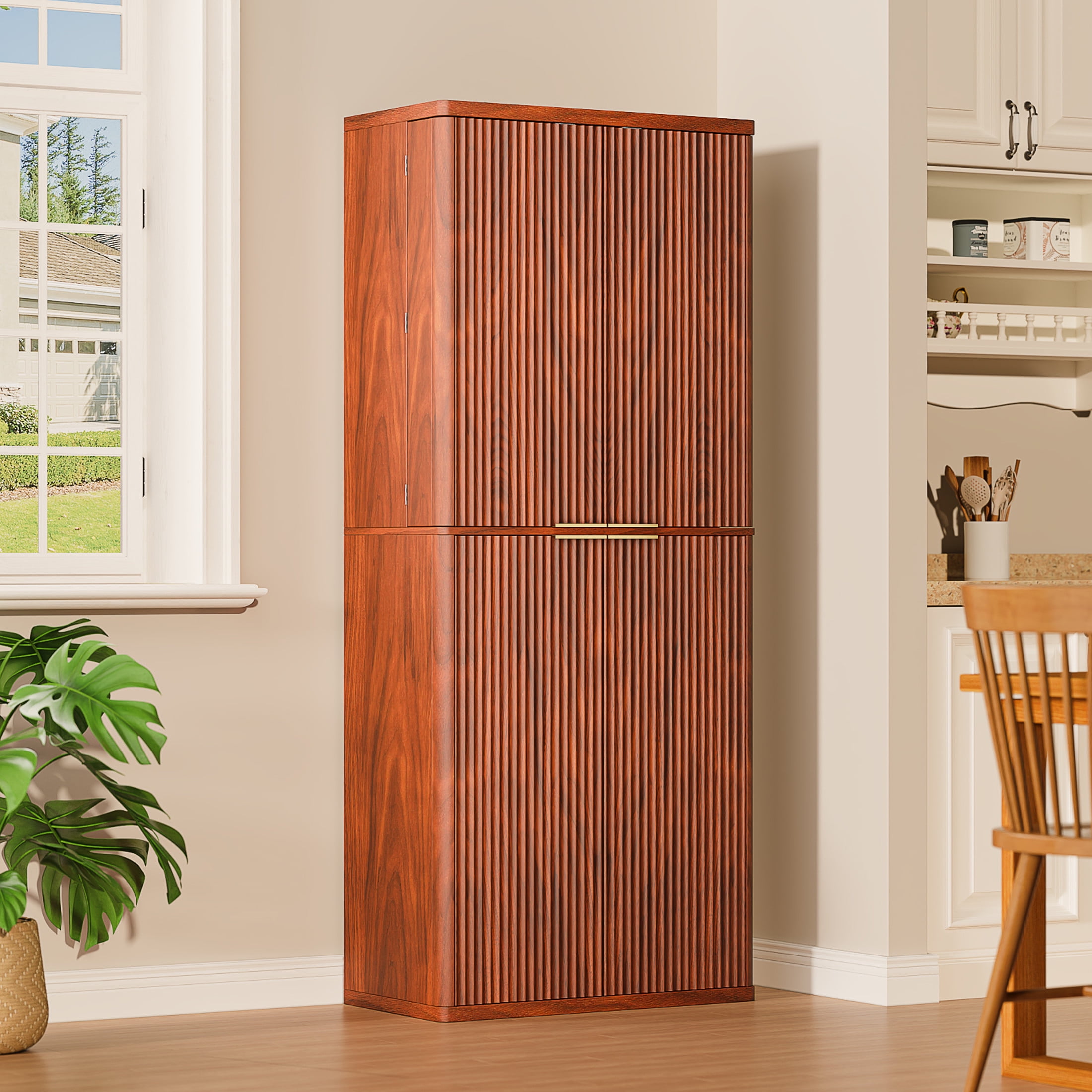Noble House 72" Tall Modern Fluted Wood Kitchen Pantry Cabinet with Shelves & Door Storage, Walnut