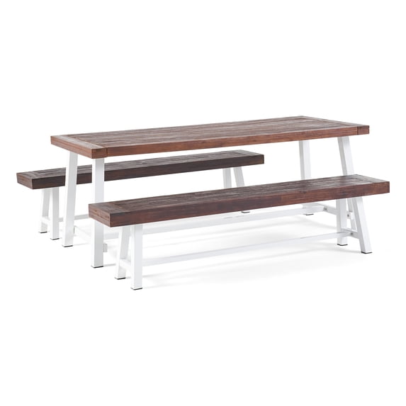 Noble House 74.00" Adult Rectangle 3 Pieces Acacia Wood Picnic Table, Brown/White
