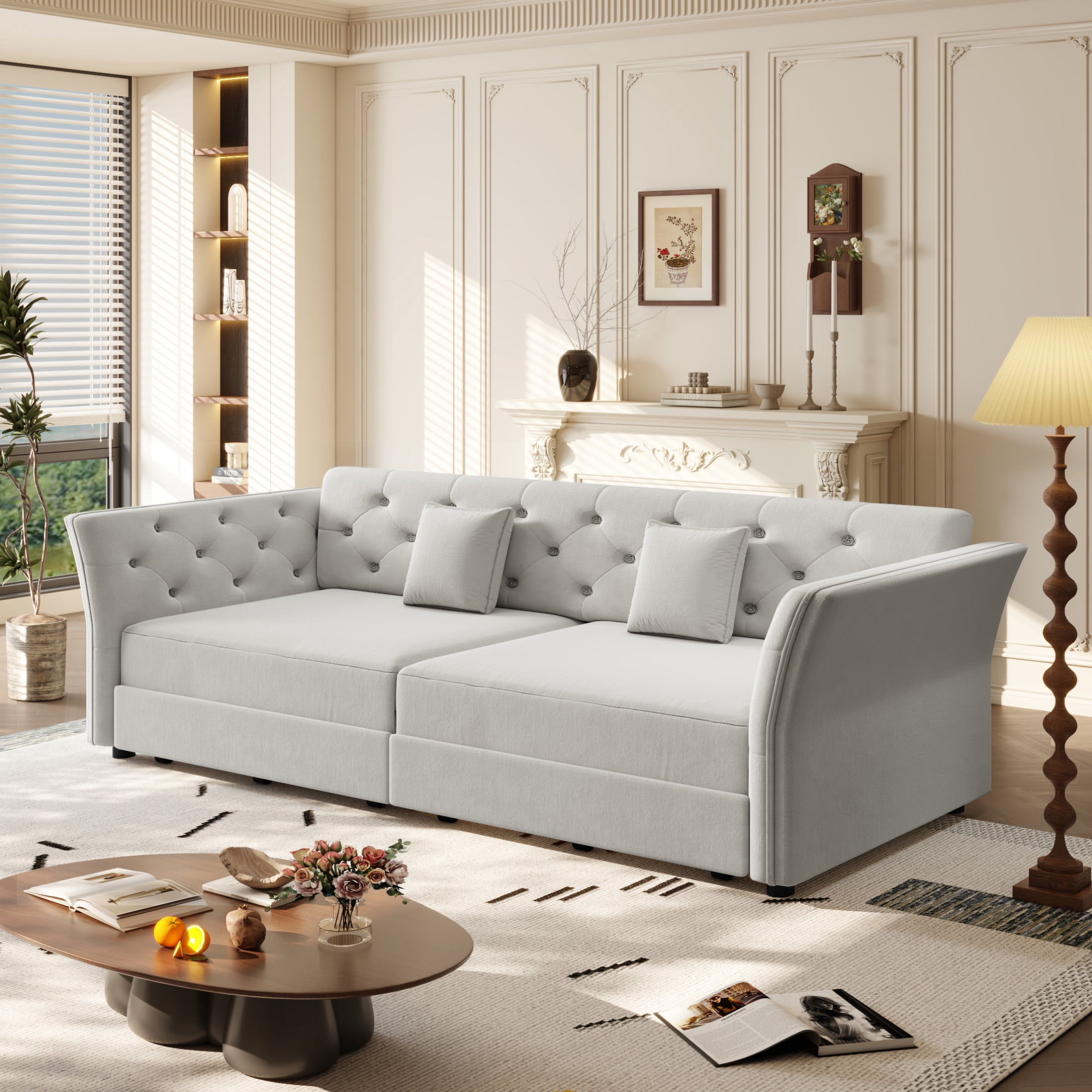 Noble House 74.4" Oversized Velvet Pull Out Sofa Bed, 3-in-1 Convertible Sleeper with Fabric Flower Tufting, Light Grey