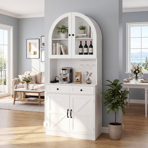 Noble House 74.8" Farmhouse Pantry Cabinet with Charging Station, Adjustable Shelves and Coffee Bar, White