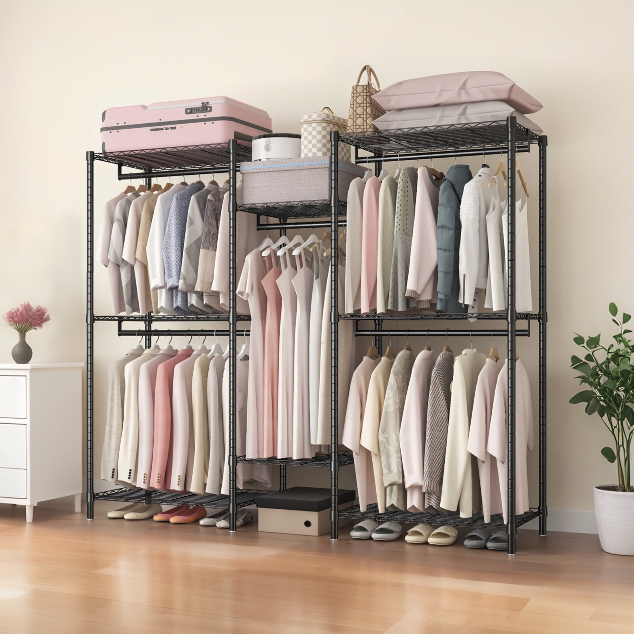 Noble House 74" Heavy-Duty Garment Clothes Rack, Adjustable Wire Shelves and Rail Freestanding Closet Organizer, Black