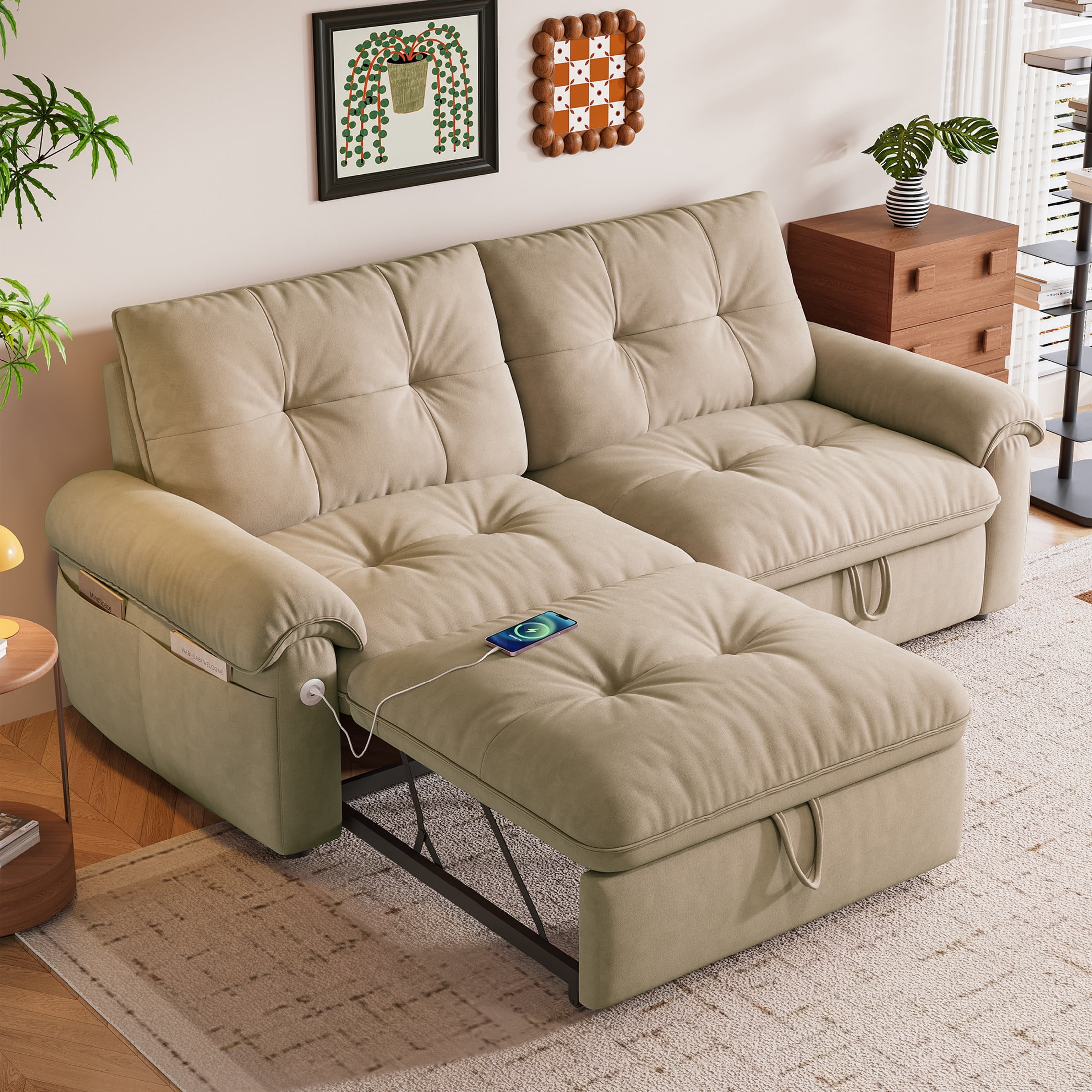Noble House 77" Modern Velvet Convertible Sofa Bed, Pull Out Loveseat with Adjustable Backrest & USB Ports, Brown