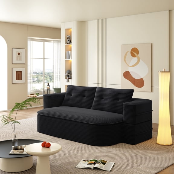 Noble House 79" Corduroy Convertible Floor Sofa Bed with Built-in Functional Blanket, Soft Pillows Sofa Couch, Black